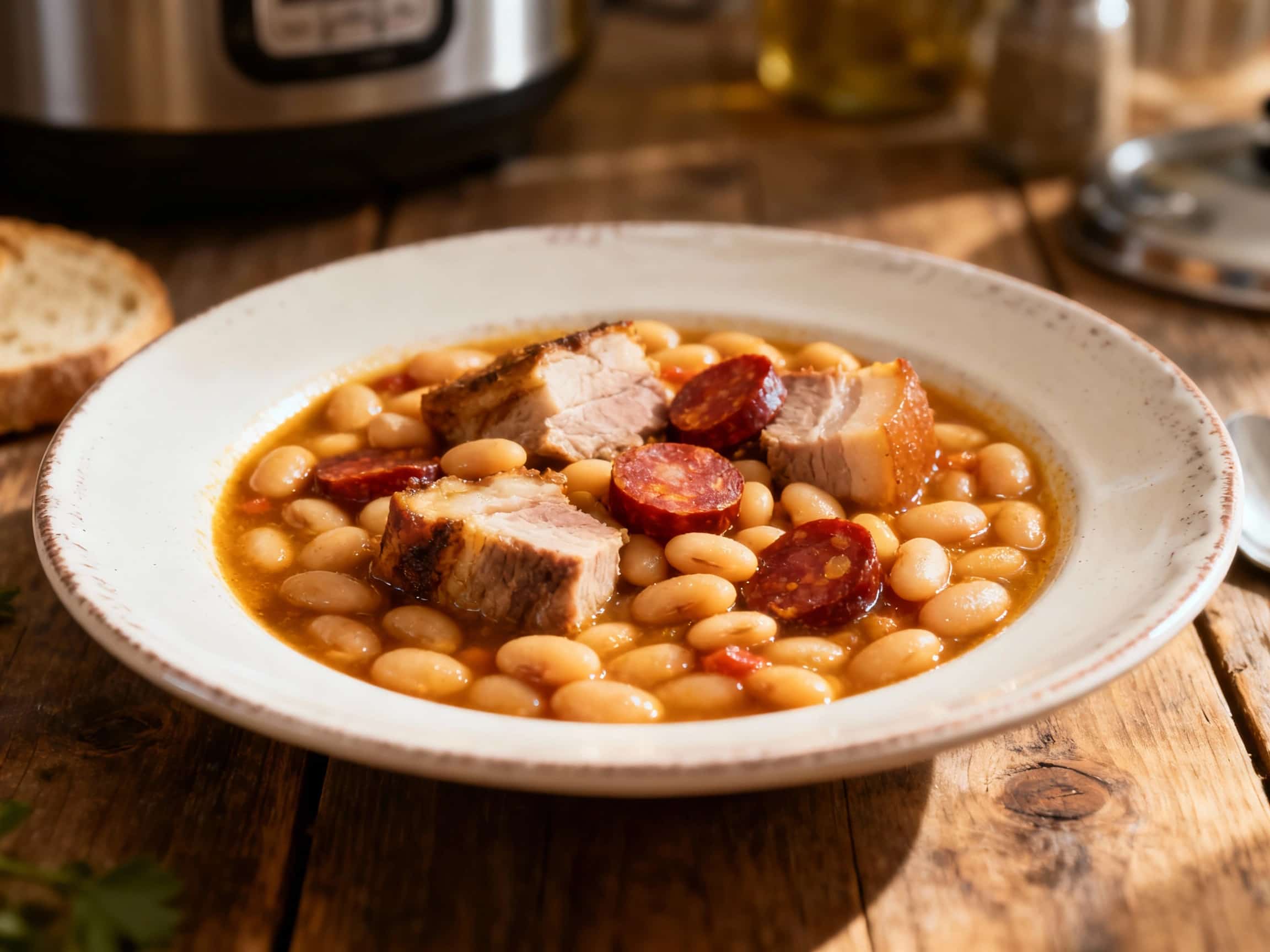 A steaming bowl of colorful fabada asturiana, featuring tender white beans, slices of chorizo and morcilla sausage, and a rich, savory broth, is garnished with fresh parsley and served on a rustic wooden table.