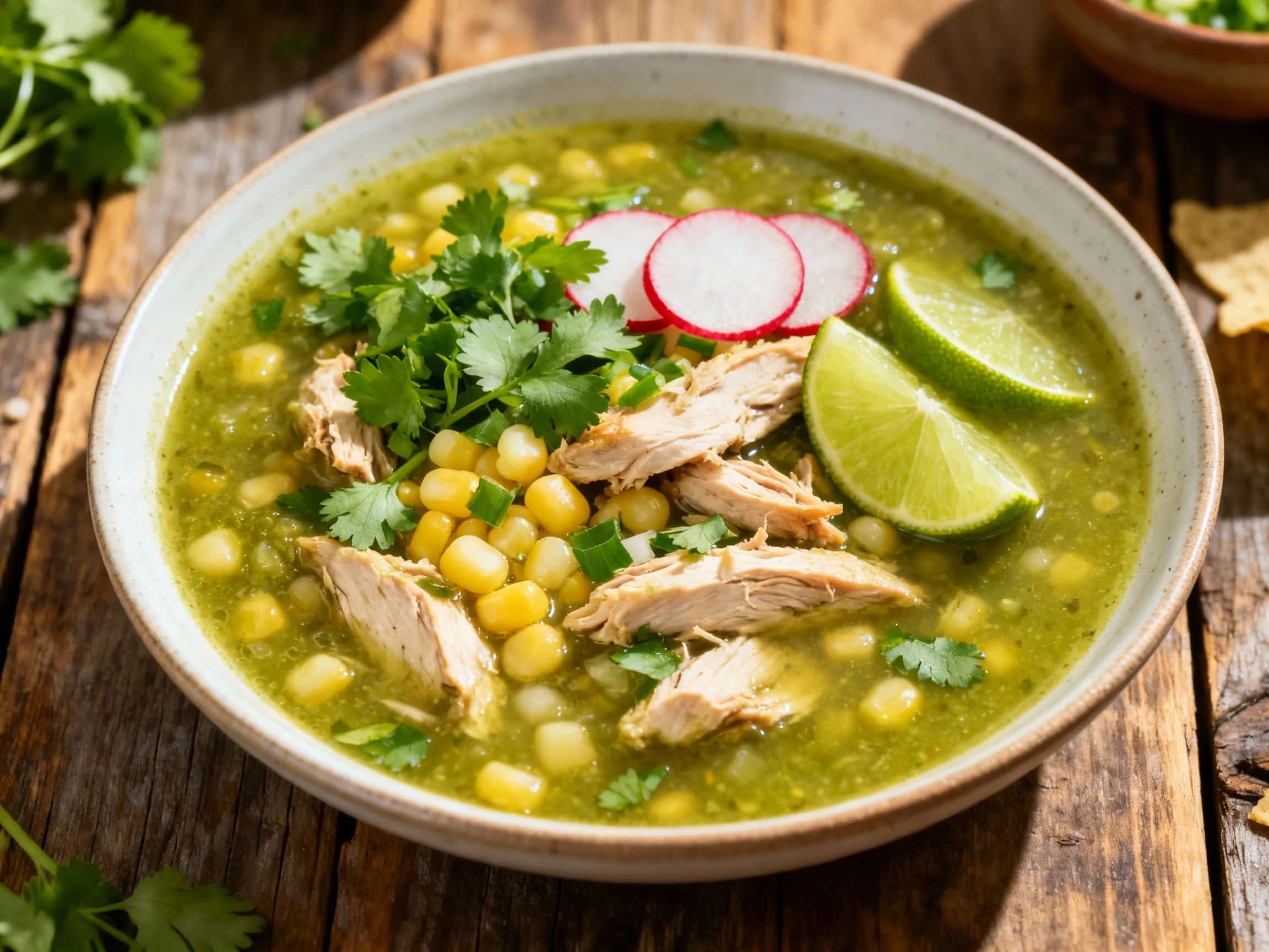 A steaming bowl of vibrant pozole verde, brimming with shredded chicken and hominy, is garnished with thinly sliced radishes, crisp white onion, fresh cilantro, and a lime wedge.