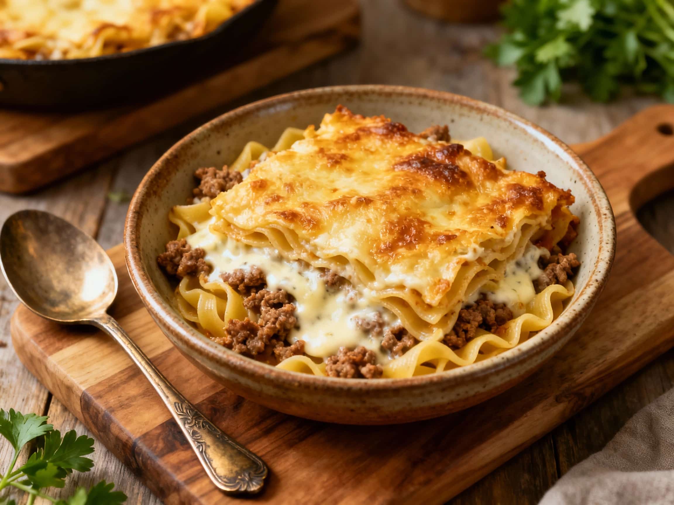 A fluffy, baked pasta dish with a savory meat sauce is served in a rustic skillet, topped with a golden-brown béchamel and fresh parsley.