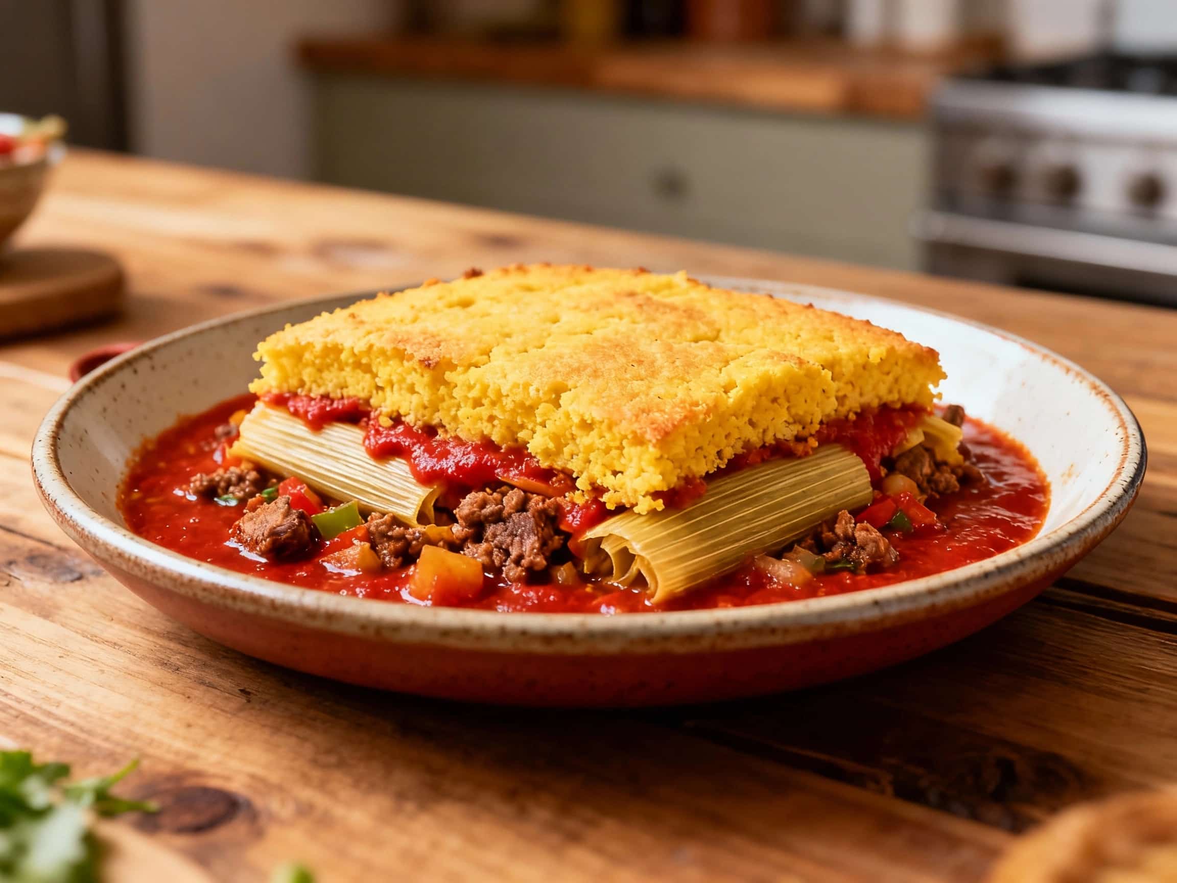 A golden-brown tamale casserole filling a cast iron skillet, topped with melted cheese and vibrant green scallions, ready to be served.