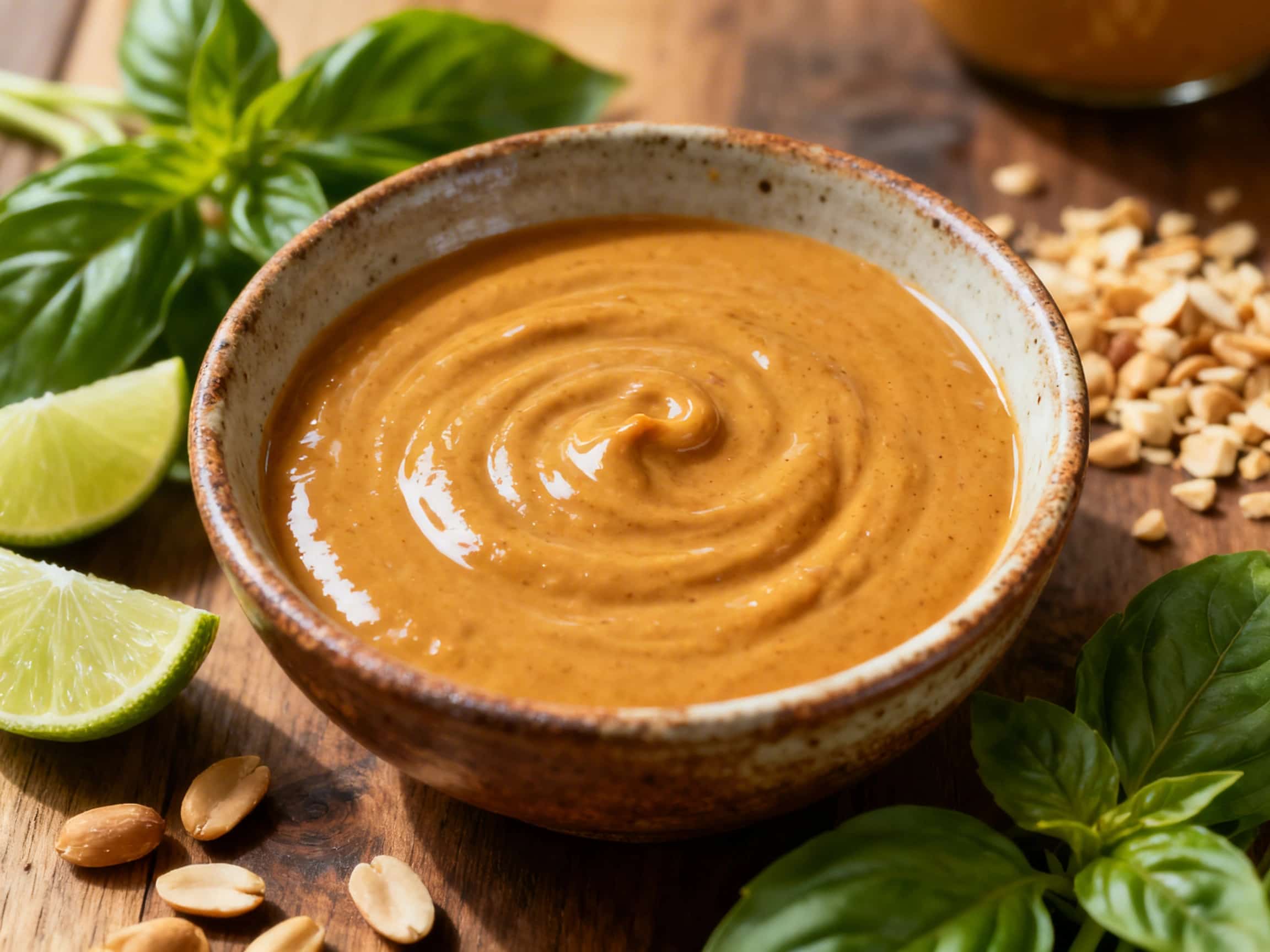 A rustic ceramic bowl holds a generous portion of creamy Quick Thai Peanut Sauce. The sauce is a rich, warm brown, garnished with bright green chopped cilantro and crunchy, crushed peanuts. A subtle swirl of red chili oil adds a pop of color to the otherwise smooth surface, inviting the viewer to appreciate its depth of flavor. The scene is lit by natural light, giving the sauce a comforting, home
