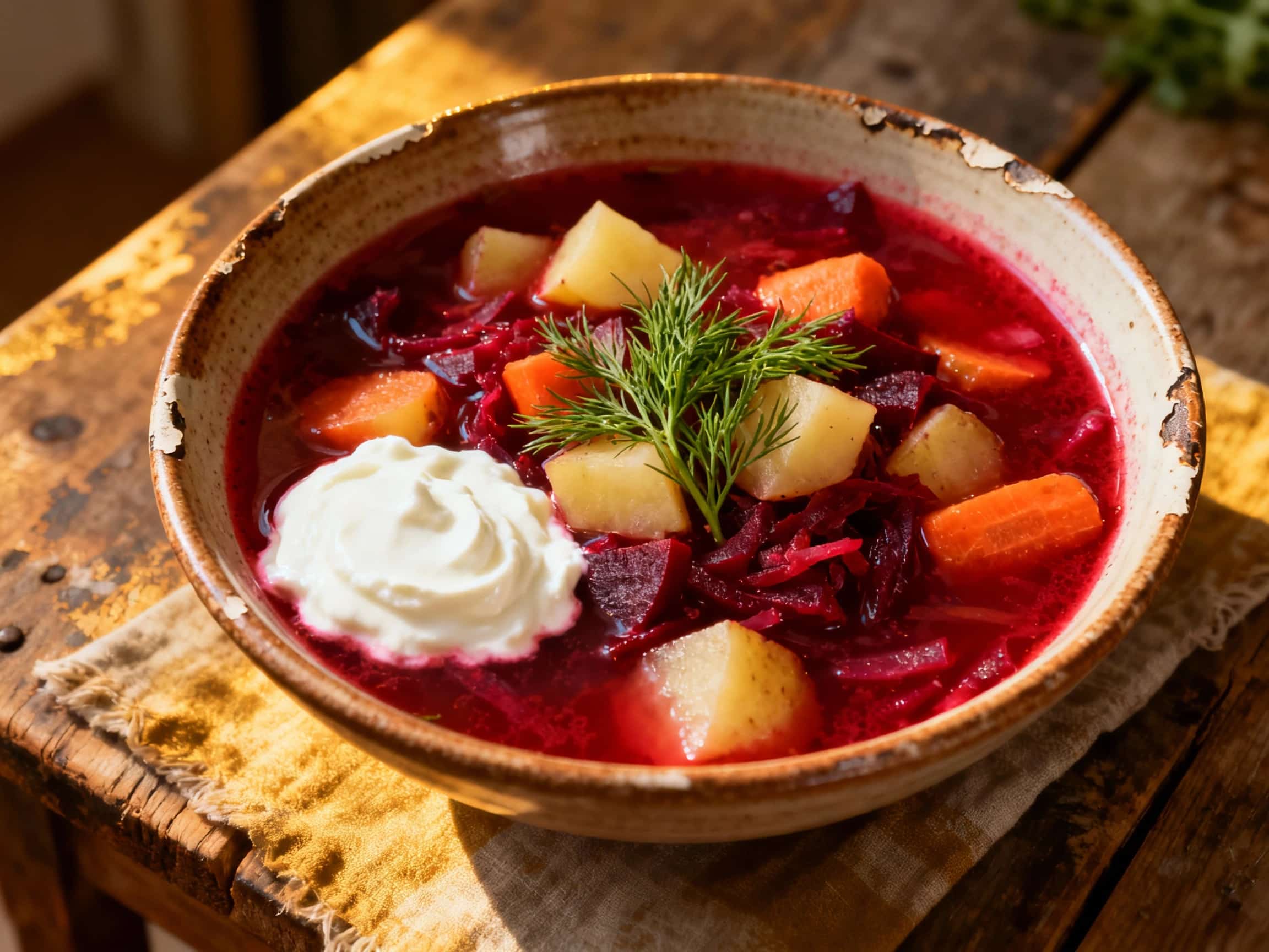 A vibrant bowl of vegan borscht, with deep ruby broth, tender beet chunks, and a swirl of creamy cashew sour cream, is garnished with fresh dill and served in a rustic ceramic bowl.