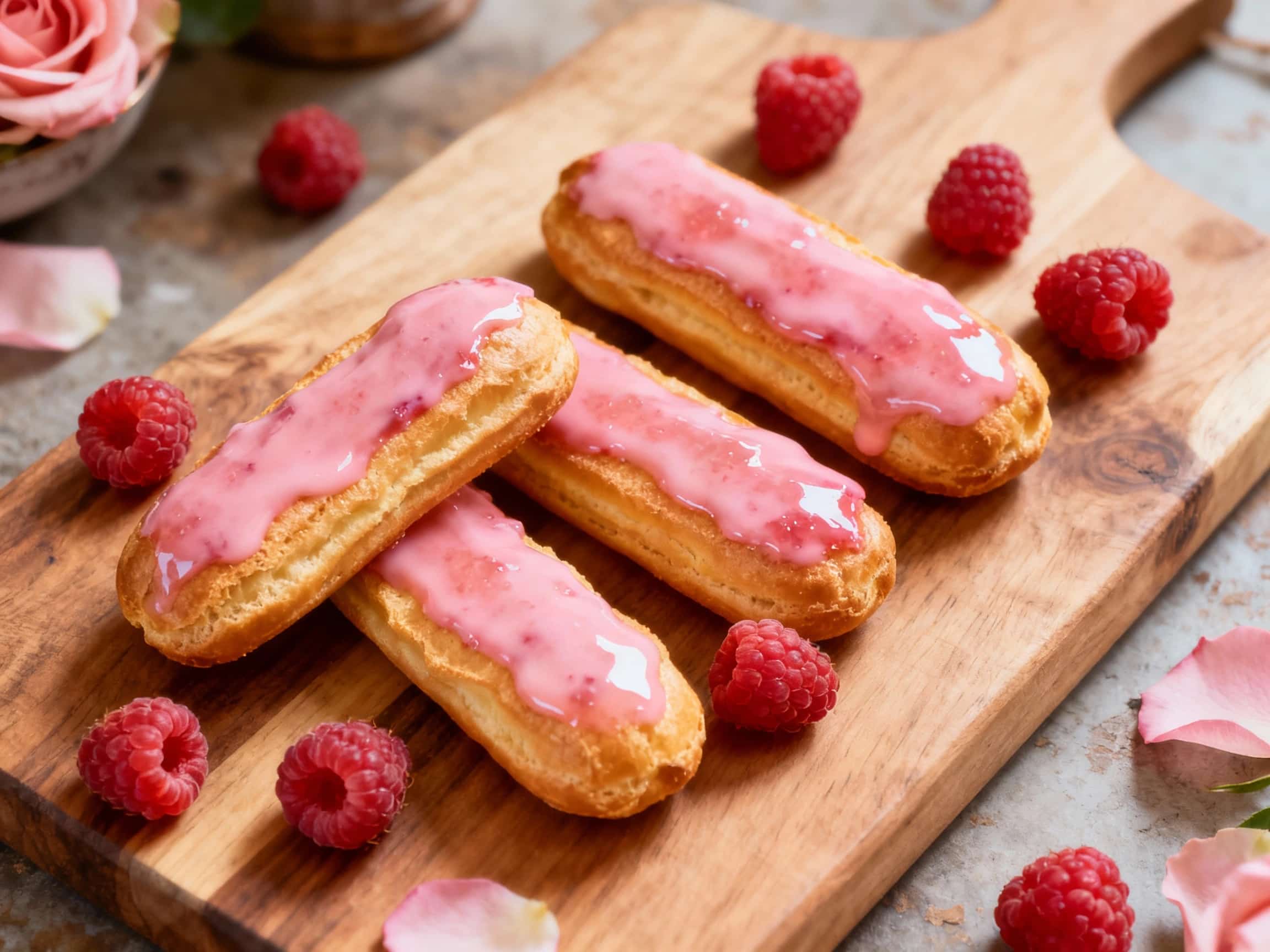 Delicate, glossy raspberry rose éclairs are artfully arranged on a white platter, topped with fresh raspberries and edible rose petals, creating an elegant and inviting dessert.