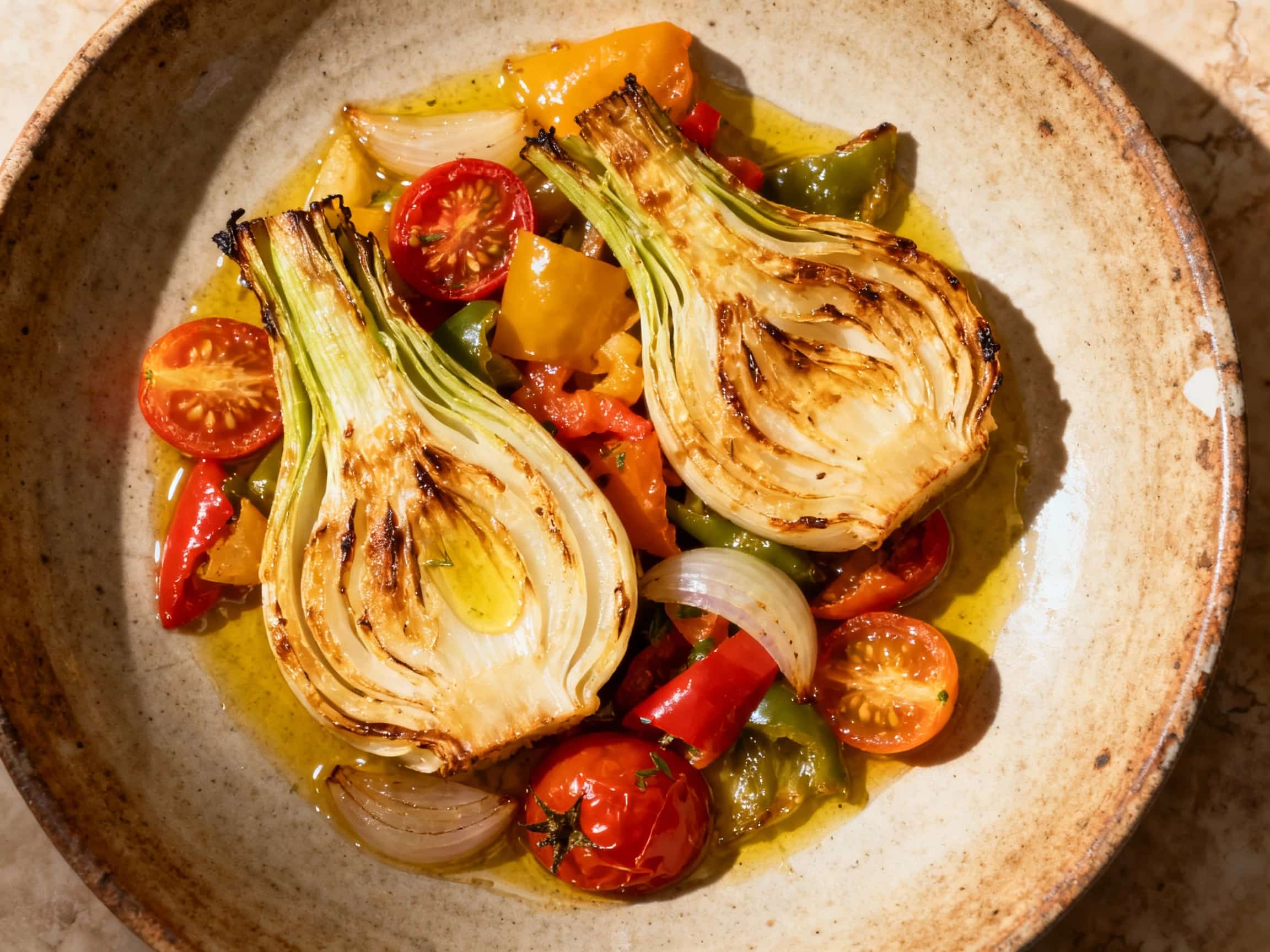 A golden-brown medley of roasted fennel bulbs and herbs is artfully arranged on a rustic ceramic plate, glistening with olive oil under warm, inviting light.
