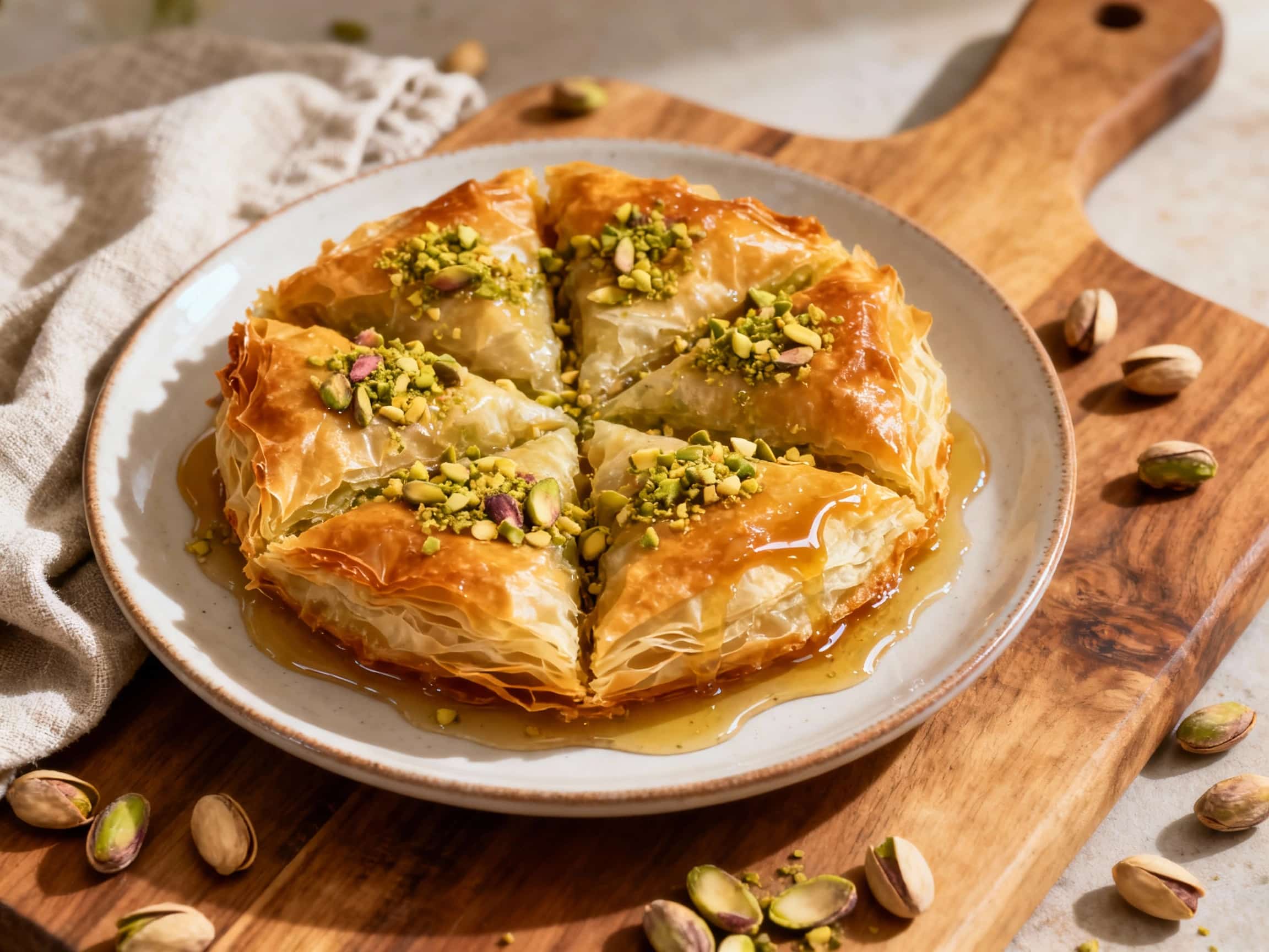 A golden-brown, flaky phyllo pie filled with sweet rosewater and crunchy pistachios sits invitingly on a white platter, ready to be sliced and served.