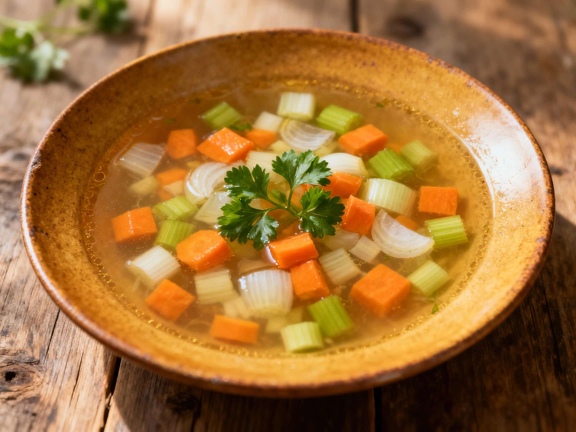 A refined bowl of Polish rosół consommé, showcasing its crystal-clear golden broth. It's artfully filled with thin egg noodles and jewel-like diced vegetables, finished with a sprinkle of fresh green parsley, presented on a simple wooden surface suggesting warmth and tradition.