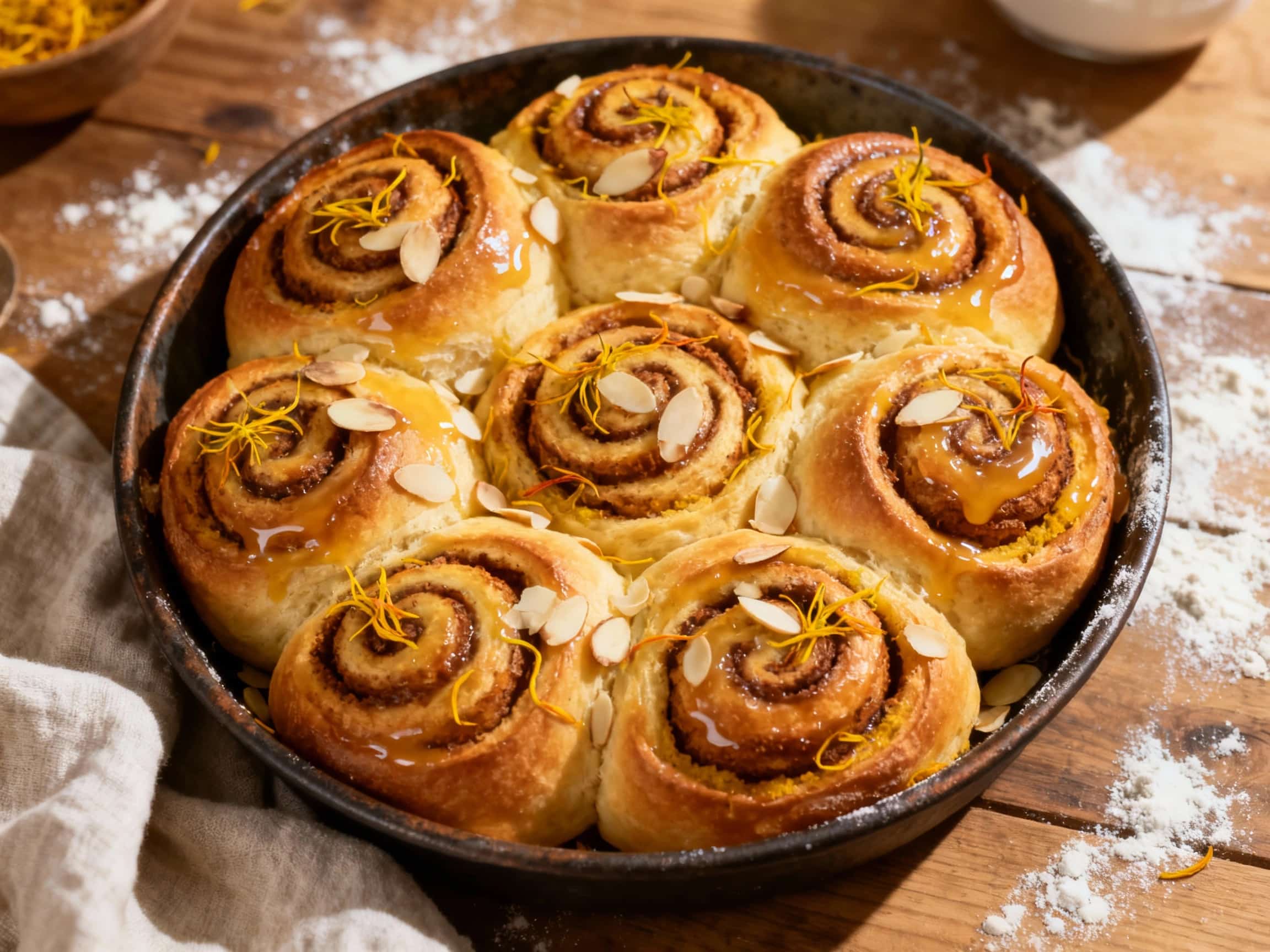 Soft, swirled cinnamon buns dusted with powdered sugar and vibrant saffron sit on a white plate, garnished with slivered almonds, ready to be enjoyed.