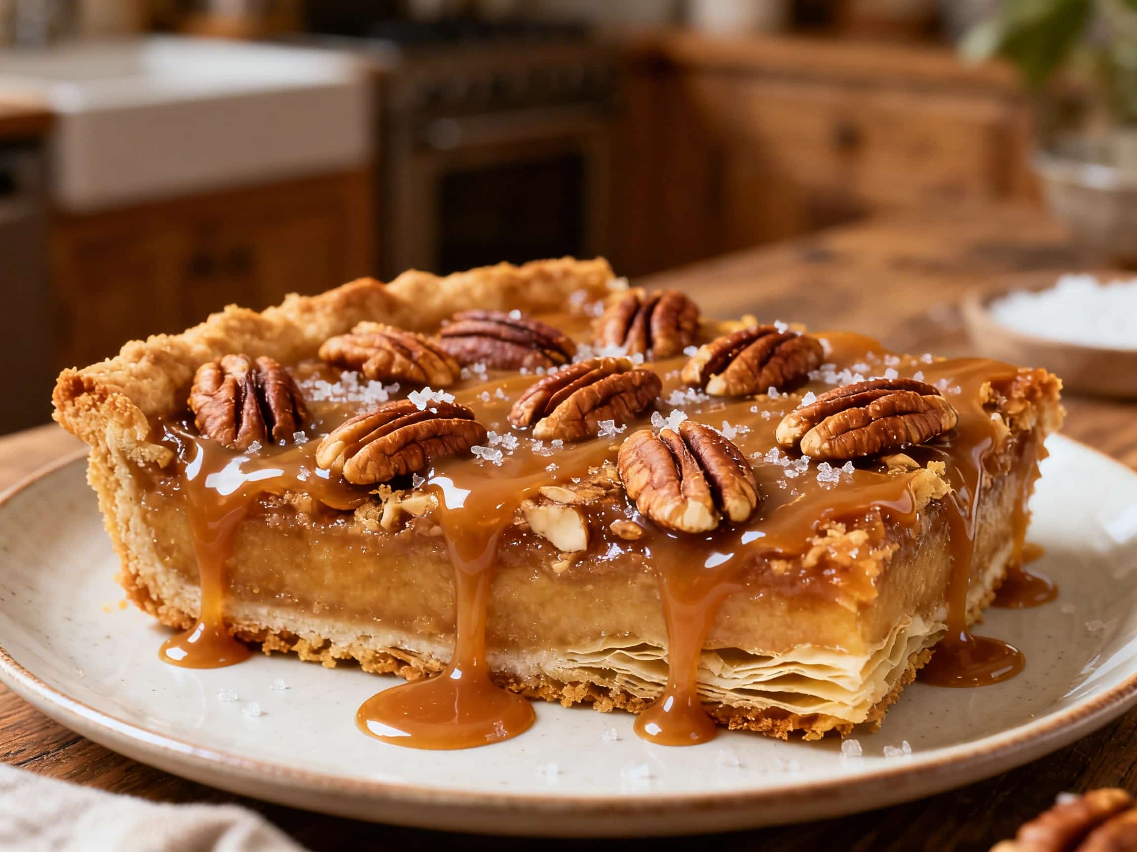 An overhead view of several golden-brown salted caramel pecan pie bars, neatly cut into squares, resting on a dark rustic wooden board. The bars reveal layers of a crumbly shortbread base, a rich, chewy salted caramel filling, and abundant toasted pecan halves embedded within the caramel. A light sprinkle of flaky sea salt adds a glimmering finish against the warm, inviting tones of the dessert.