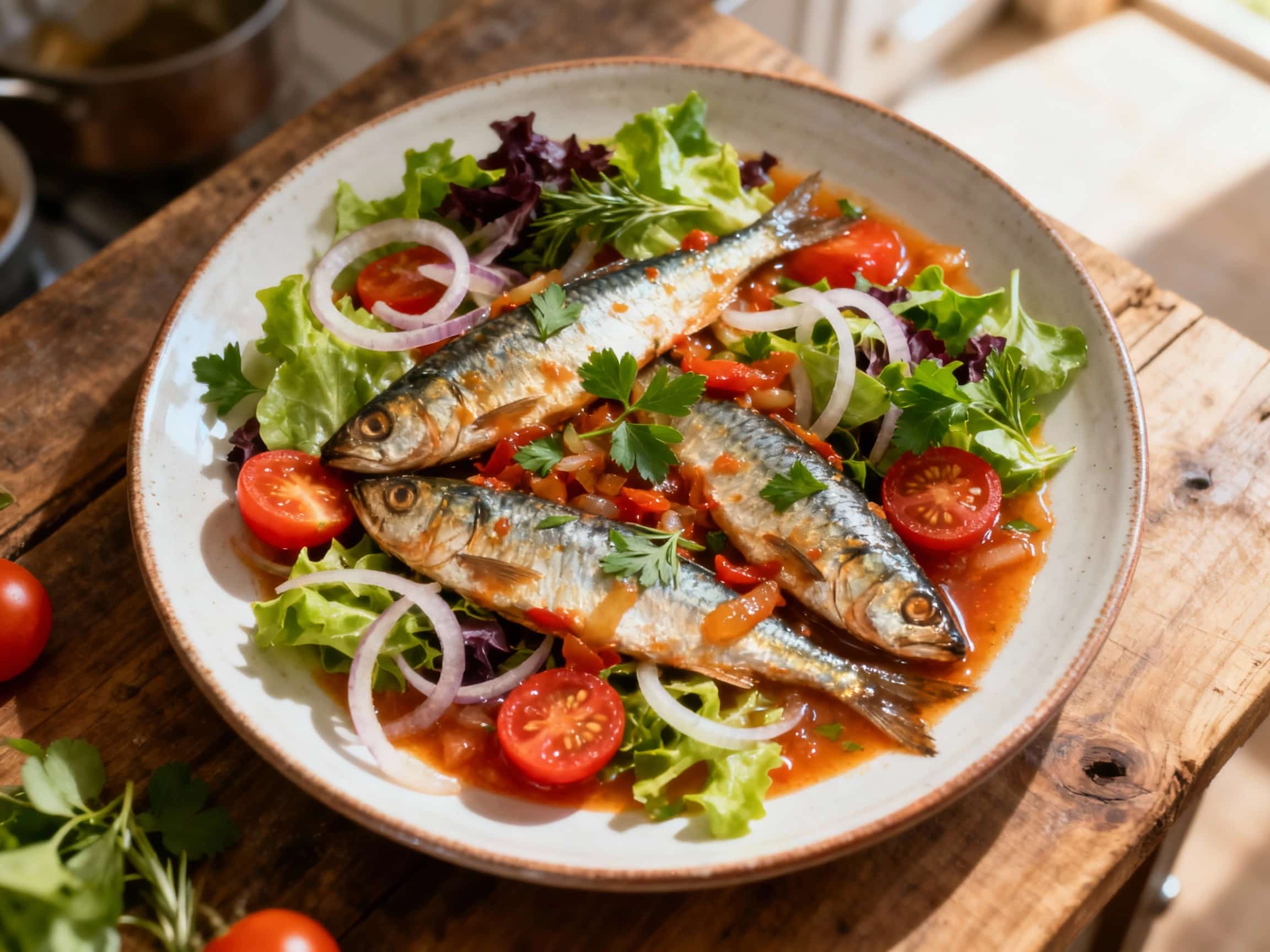 A vibrant salad features flaky sardines nestled amongst colorful bell peppers, onions, and herbs, glistening with a tangy dressing.