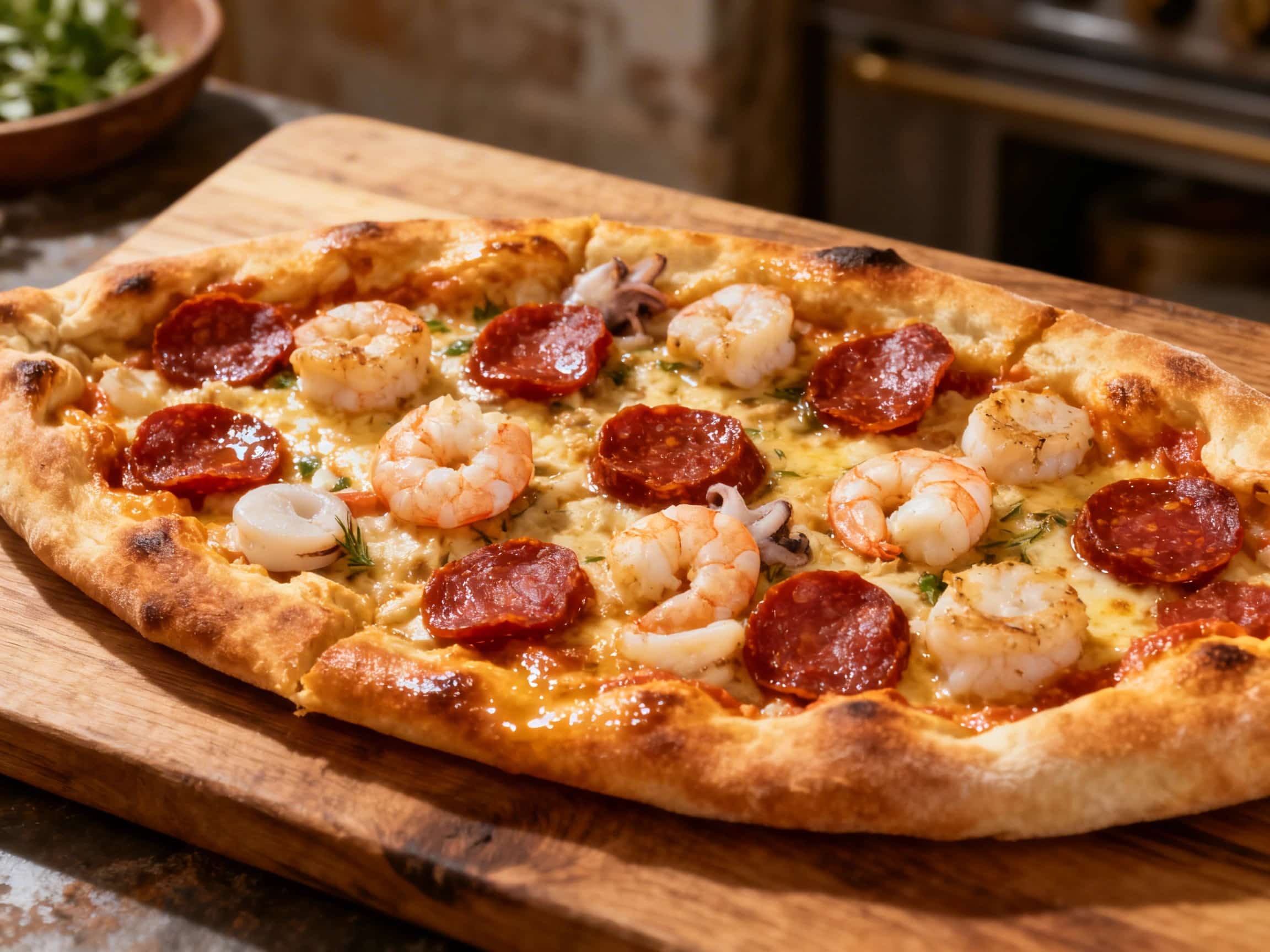 An inviting, freshly baked Turkish pide presented on a wooden cutting board. The boat-shaped flatbread is adorned with an abundant topping of succulent pink shrimp, savory pieces of chorizo, colorful red bell pepper strips, and a generous sprinkle of bright green fresh parsley. The crust is golden brown and appears crispy, with hints of a glossy olive oil drizzle. The dish looks warm and ready to