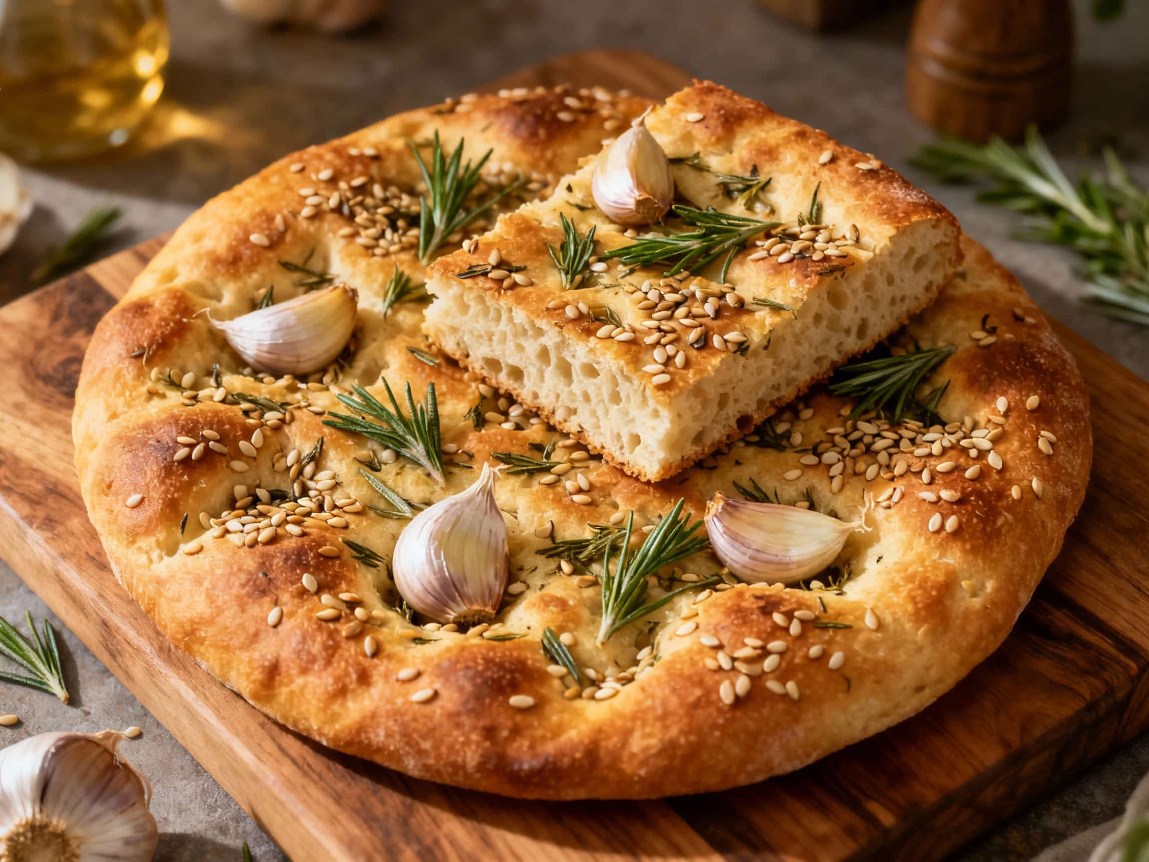 A rustic, golden-brown focaccia bread loaf sits invitingly on a textured wooden board. Its dimpled surface shimmers with olive oil and is generously topped with vibrant fresh rosemary, fragrant thyme, delicate chives, and a delightful crunch of mixed seeds, including sesame, poppy, and sunflower. Sections of tender roasted garlic are visible within the nooks of the bread, promising a burst of savo