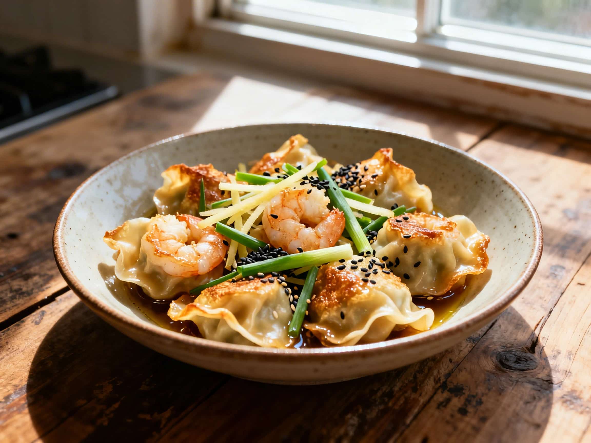 A plate of golden-brown, crispy pan-fried shrimp wontons with tender tops, garnished with sesame seeds and green scallions. A small bowl of soy-ginger dipping sauce is next to the wontons on the white plate, showcasing a delicious savory snack.