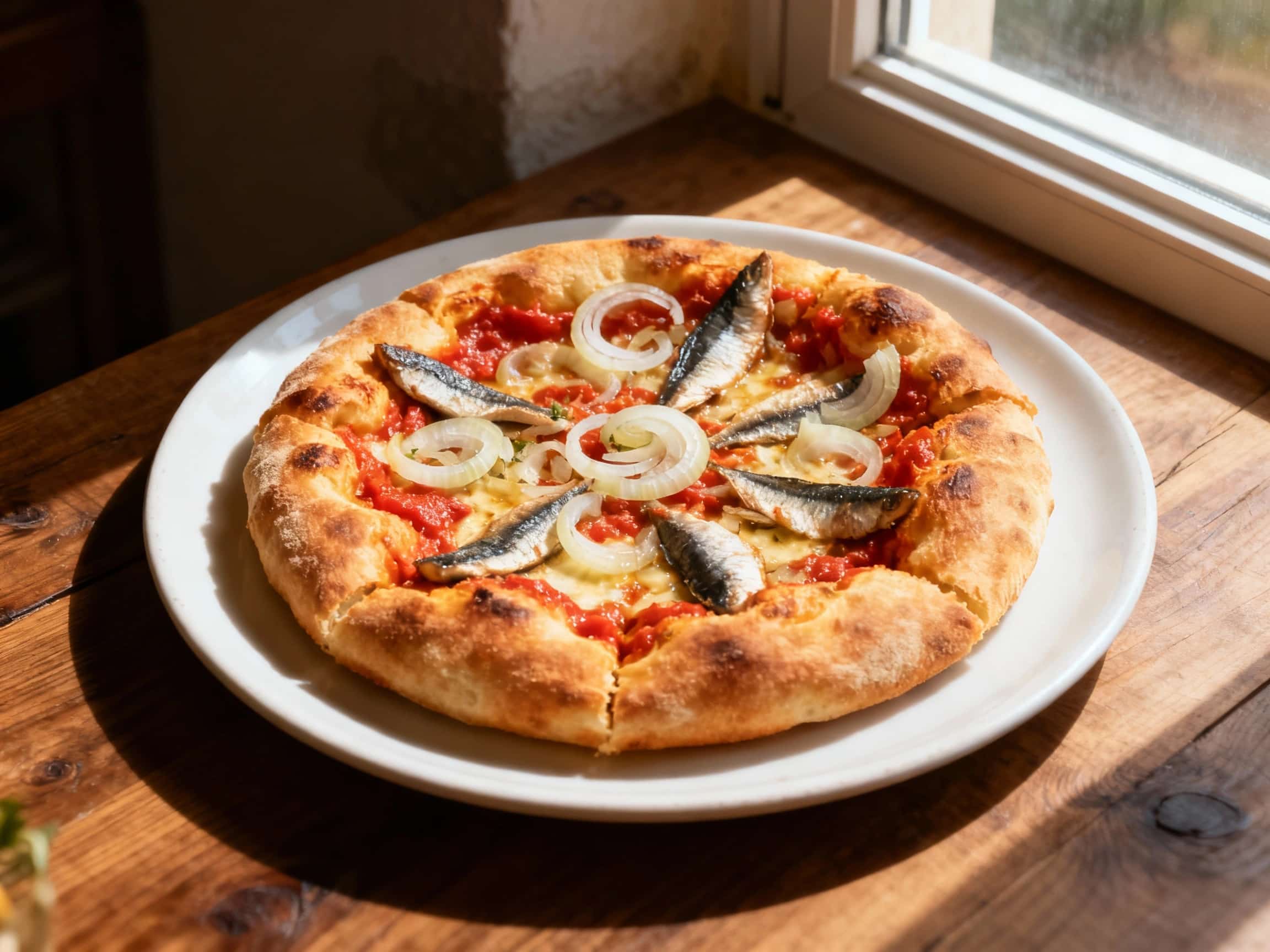 A rustic, Sicilian-style sfincione pizza, topped with a rich tomato sauce, onions, anchovies, and caciocavallo cheese, sits invitingly on a wooden board, ready to be enjoyed.