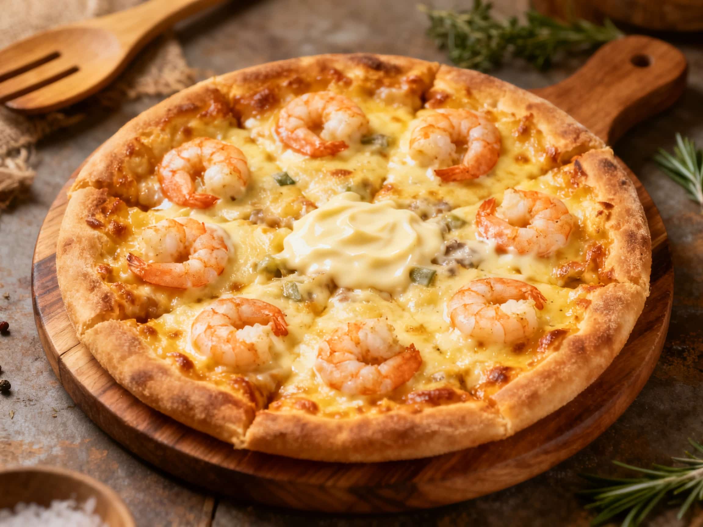A close-up of a freshly baked Brazilian Shrimp Catupiry Pizza, sliced and presented on a rustic wooden cutting board. The pizza is generously topped with a velvety, melted white Catupiry cheese base, adorned with succulent pink shrimp. Vibrant green parsley and a few red pepper flakes are scattered over the toppings, contrasting beautifully with the golden, crispy crust. The image captures the war