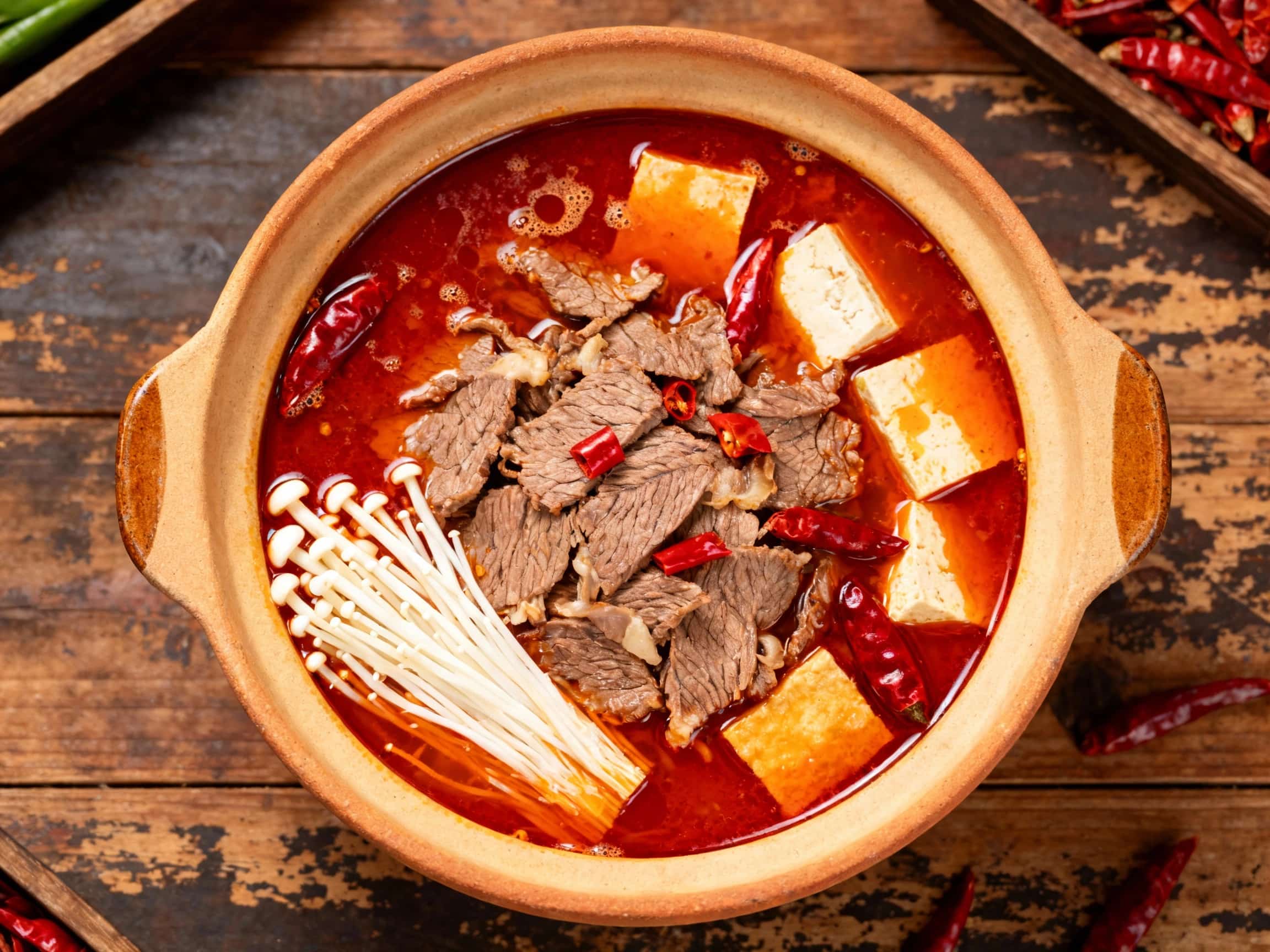 A steaming pot of Sichuan mala hot pot, shimmering with chili oil and filled with vibrant vegetables, thinly sliced meats, and tofu, sits ready for diners to cook fresh ingredients in the flavorful broth.