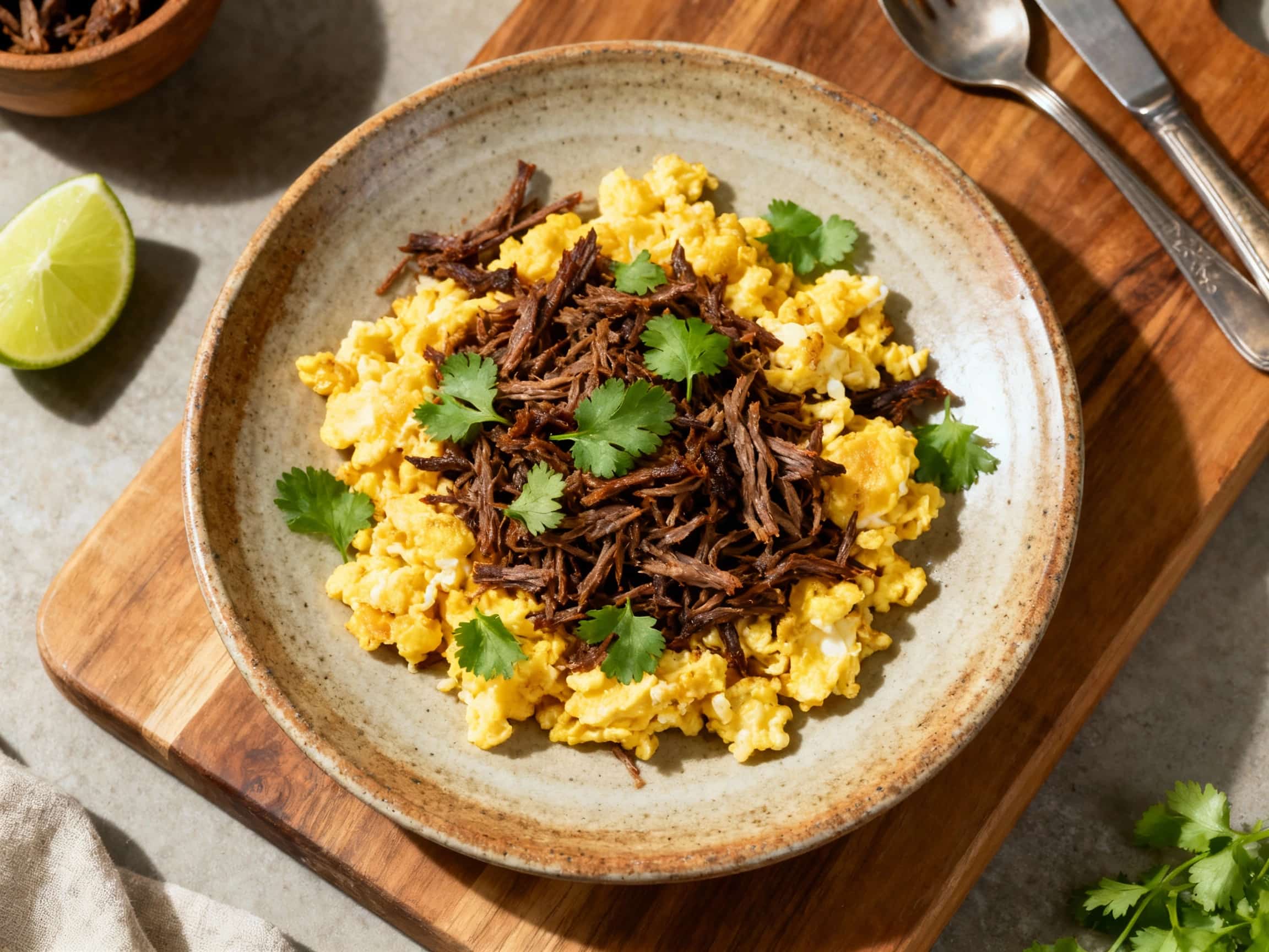 A rustic plate holds a generous portion of shredded dried beef scrambled with eggs, topped with a sprinkle of cilantro and accented with a bright red salsa roja.