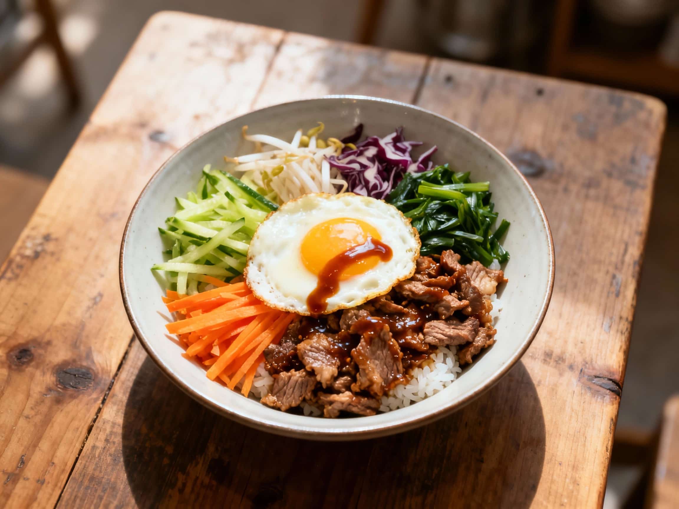 A colorful and inviting bibimbap bowl overflows with perfectly cooked rice, vibrant vegetables, and a rich fried egg, artfully arranged for a delicious and visually appealing meal.