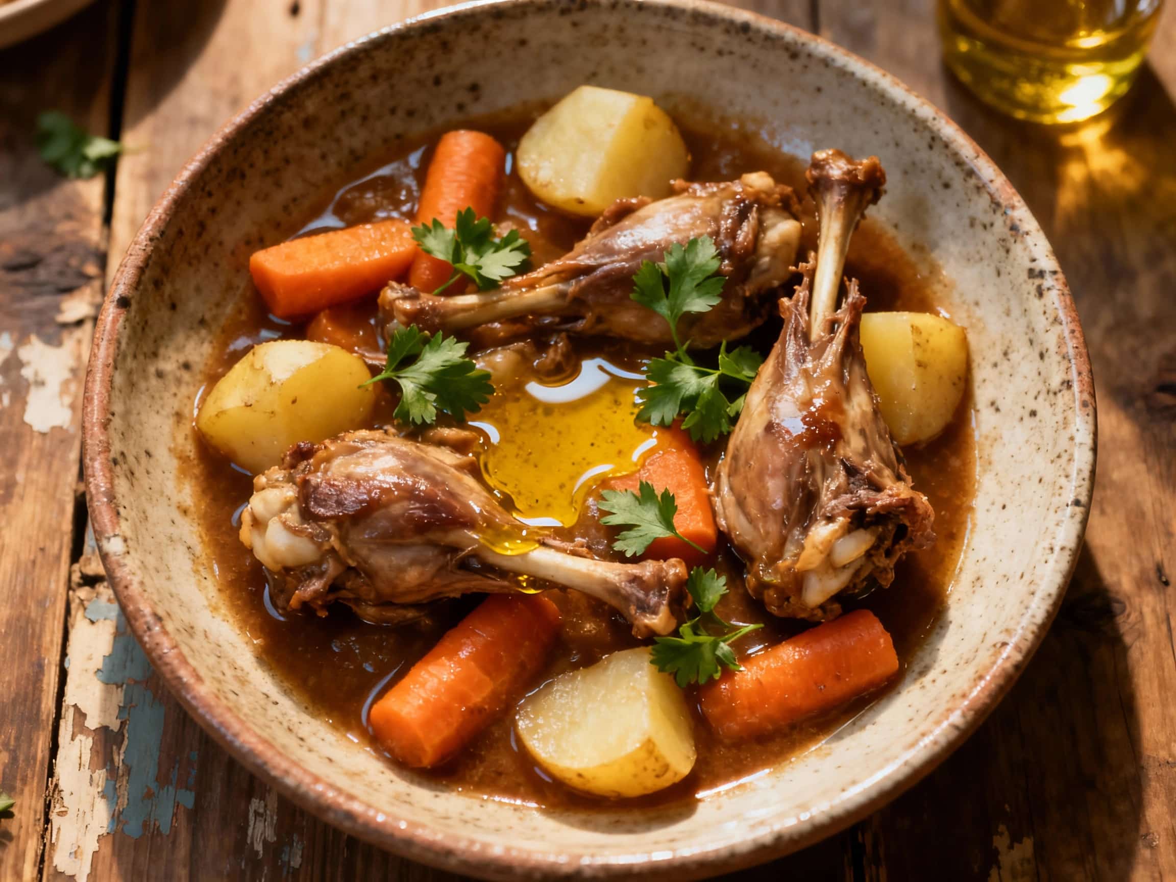 A rustic stew in a dark cast iron pot, featuring tender pieces of rabbit simmered with fragrant herbs and spices, evoking a comforting and traditional meal.