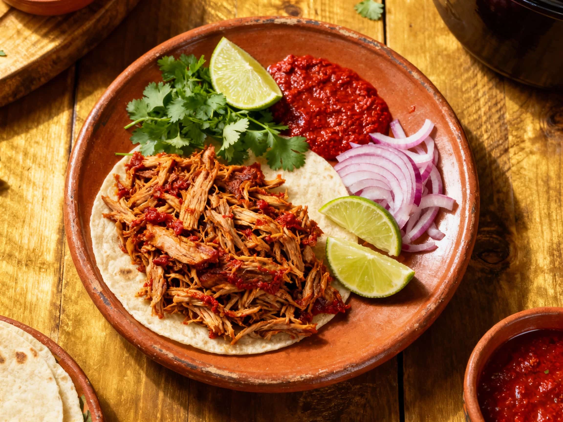 Tender, slow-cooked cochinita pibil, a classic Mexican pork dish steeped in achiote paste, is served generously in a rustic bowl, adorned with vibrant pickled red onions and cilantro sprigs.