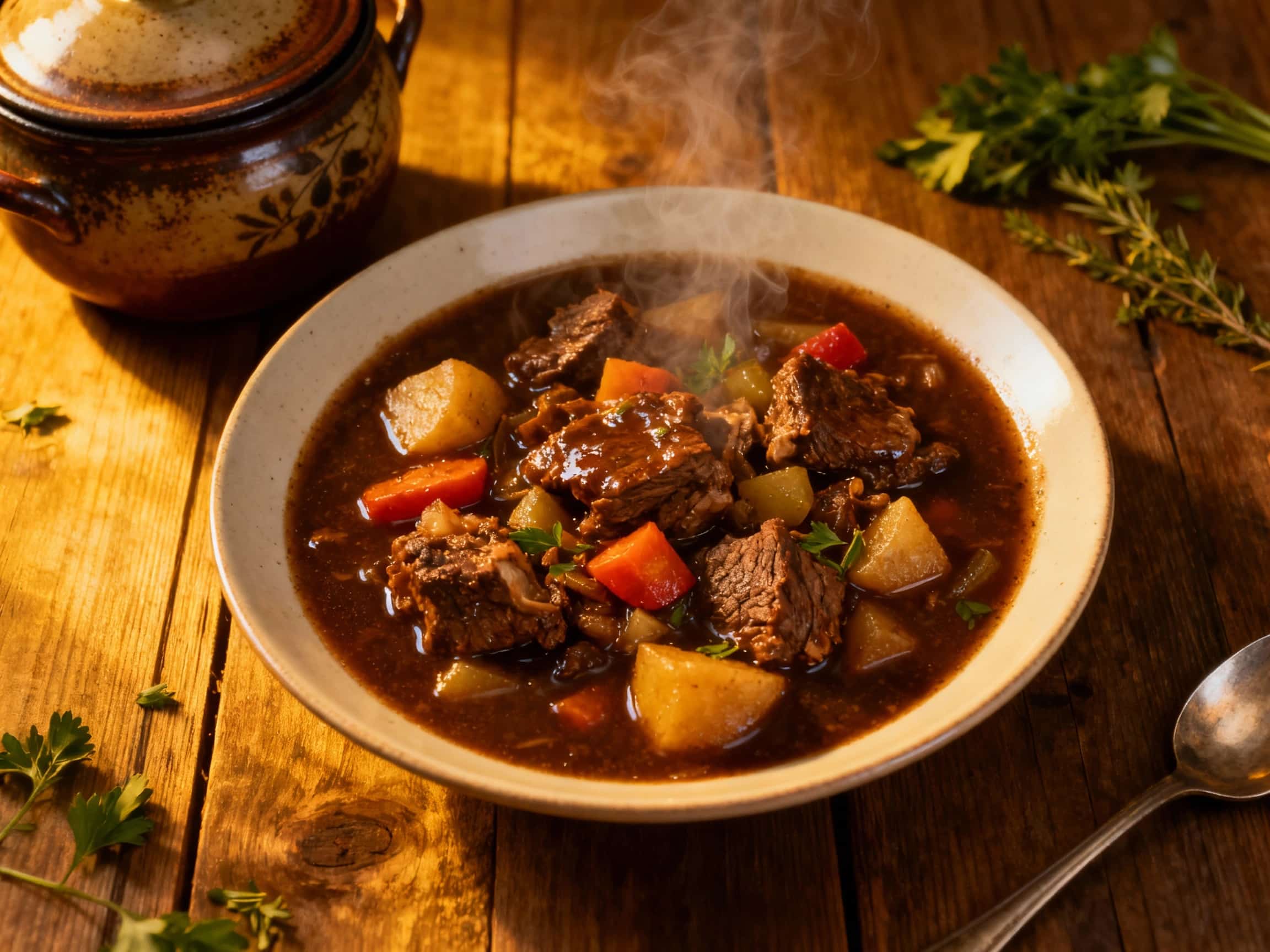 A bubbling, dark purple stew fills a rustic, white slow cooker, hinting at a magical, savory flavor perfect for a chilly evening.