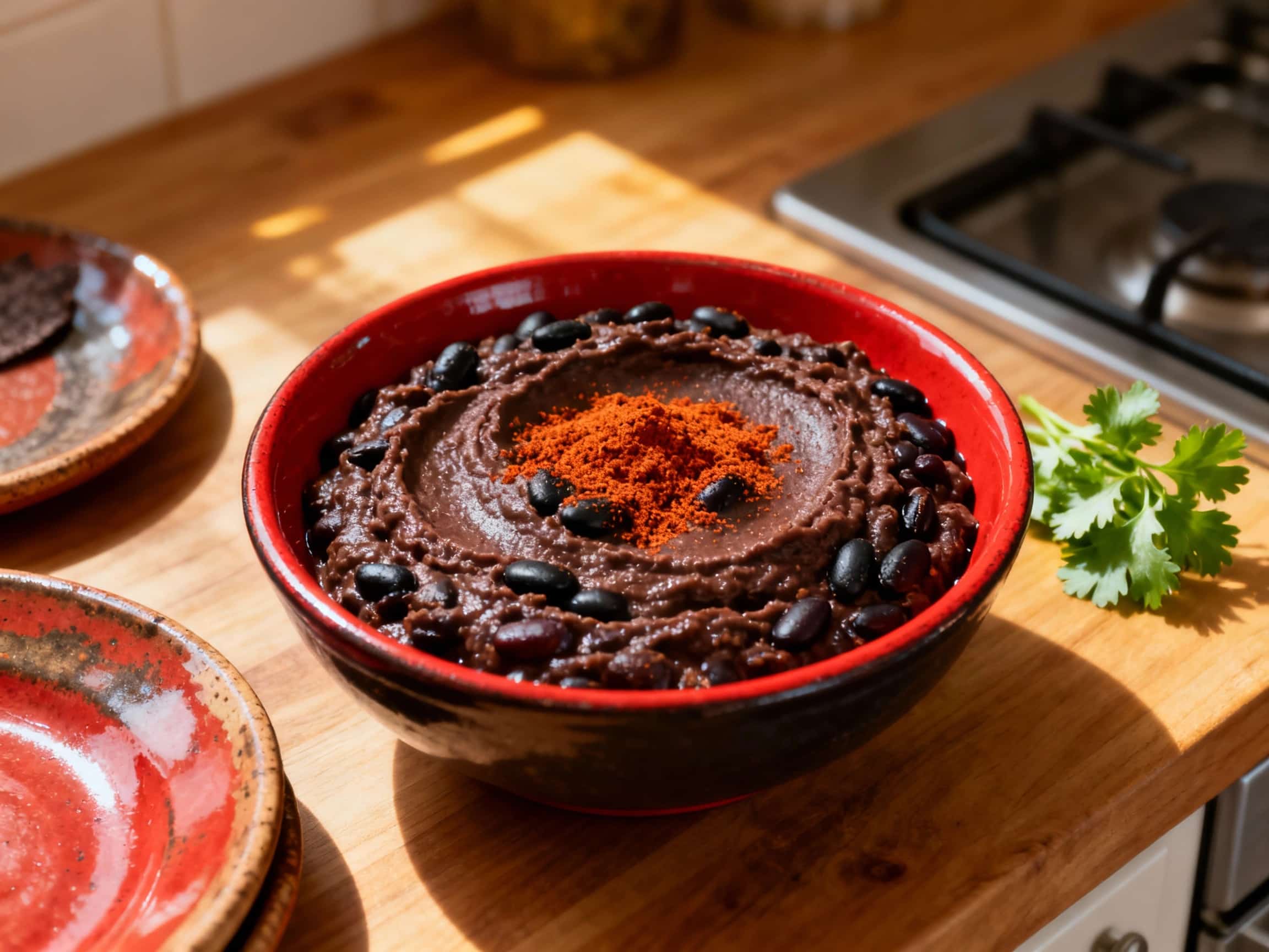 A rustic bowl of creamy black bean dip is topped with a swirl of sour cream, vibrant cilantro, and a sprinkle of smoky paprika, presented on a wooden board.
