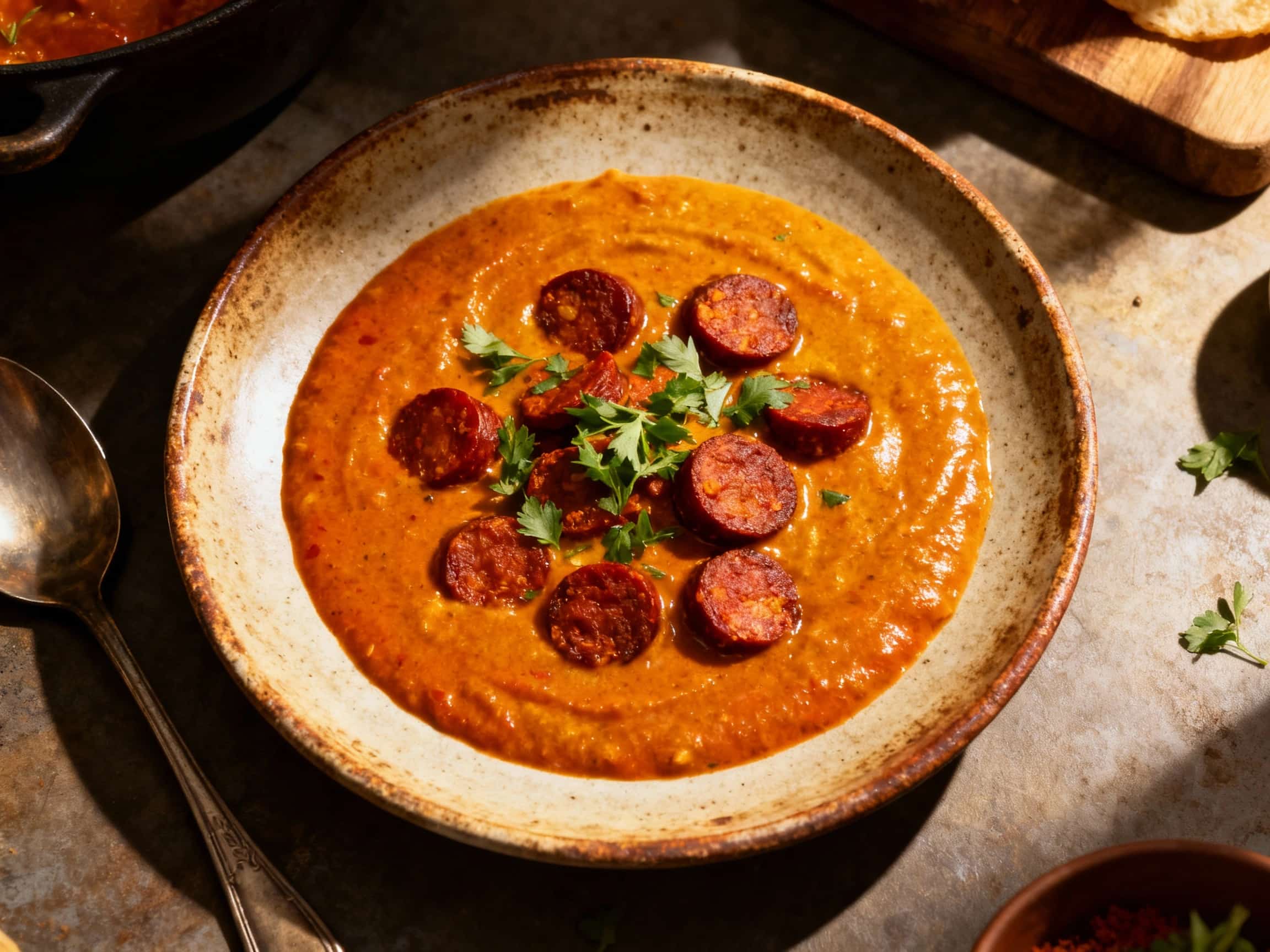 A rich, deep red Smoked Paprika Chorizo Gravy served in a rustic ceramic gravy boat. The gravy is thick and glossy, with visible crumbles of dark red chorizo throughout and a vibrant green garnish of chopped fresh parsley. Gently rising steam suggests the warmth of the spicy, savory sauce, presented on a dark wooden surface in a cozy setting. This hearty gravy is perfect for complementing a wide r