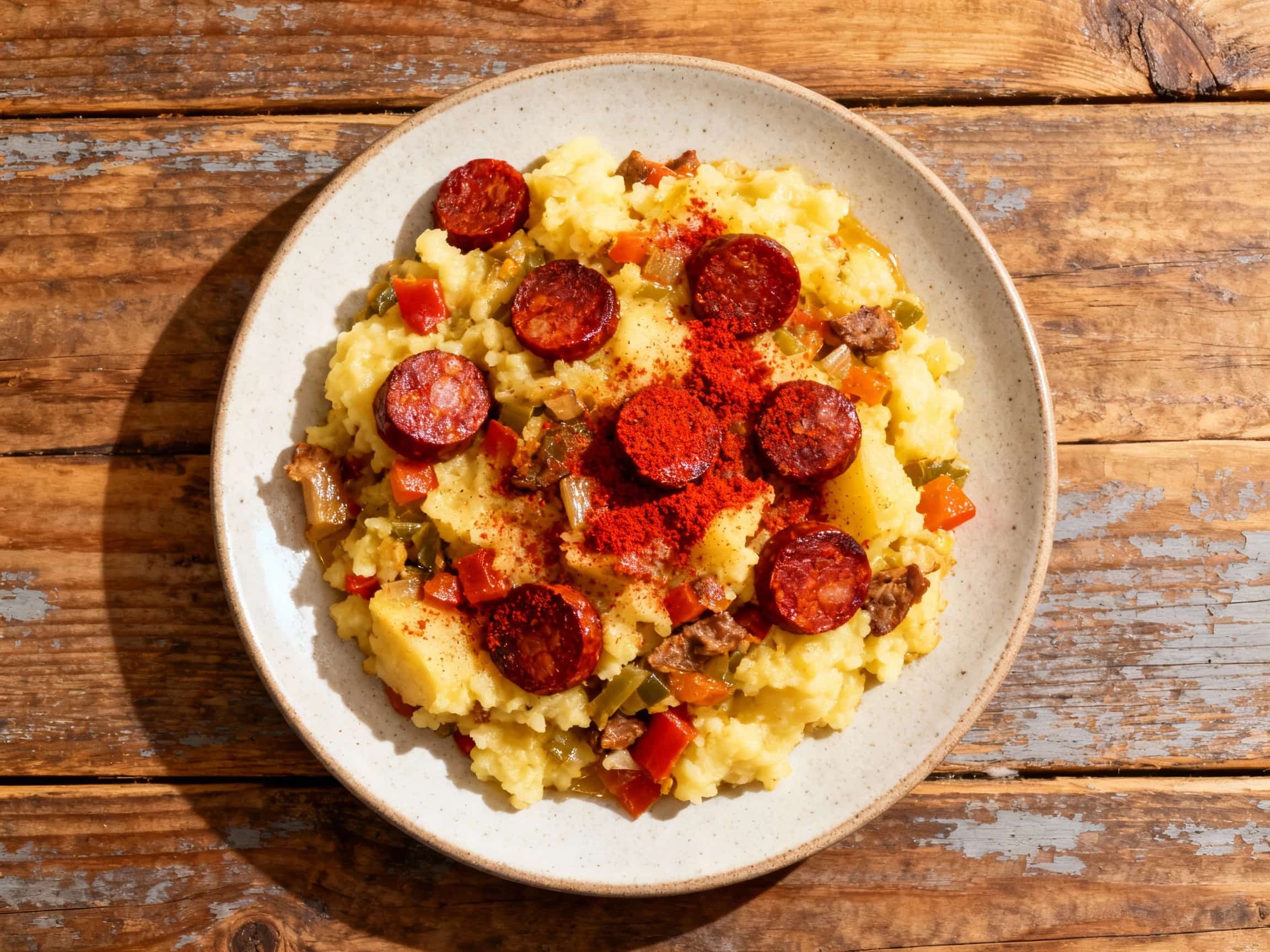 A rustic bowl of creamy stoemp, a Belgian mashed potato dish, is generously topped with vibrant red chunks of smoky chorizo and a sprinkle of paprika, invitingly lit to create a warm, hearty meal.