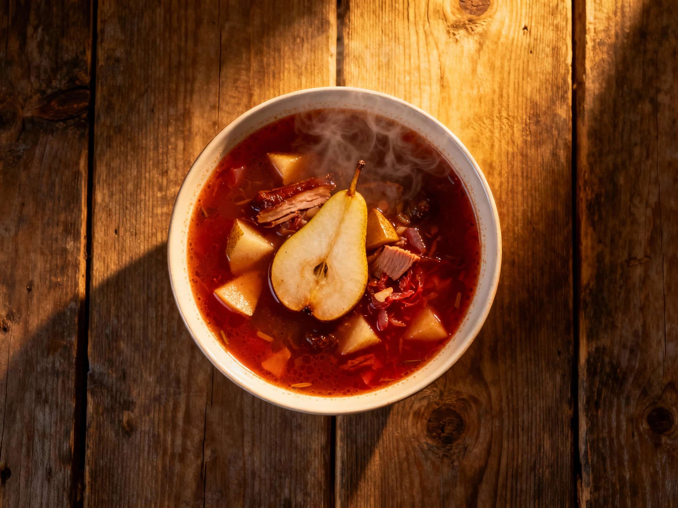 A steaming bowl of ruby-red borscht, topped with a dollop of crème fraîche and fresh dill, sits invitingly on a rustic wooden table, hinting at cozy, comforting flavors.