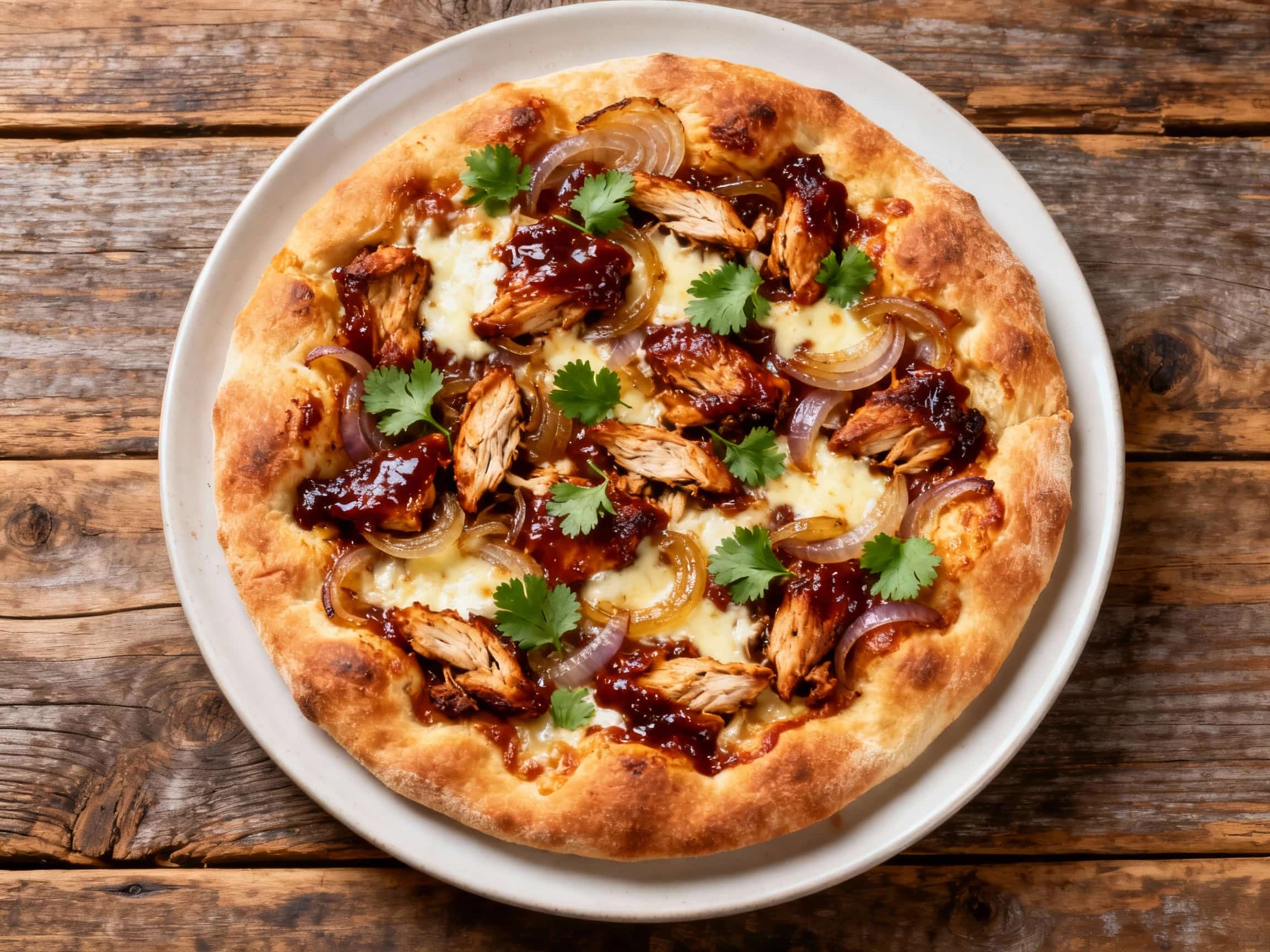 A delicious smoky BBQ chicken focaccia pizza, presented on a wooden board. The golden-brown focaccia crust supports a generous topping of shredded barbecue chicken, gooey melted mozzarella and cheddar cheeses, bright red onion slices, and fresh green cilantro. The pizza appears hot and ready to be served, showcasing its rustic charm and inviting textures.
