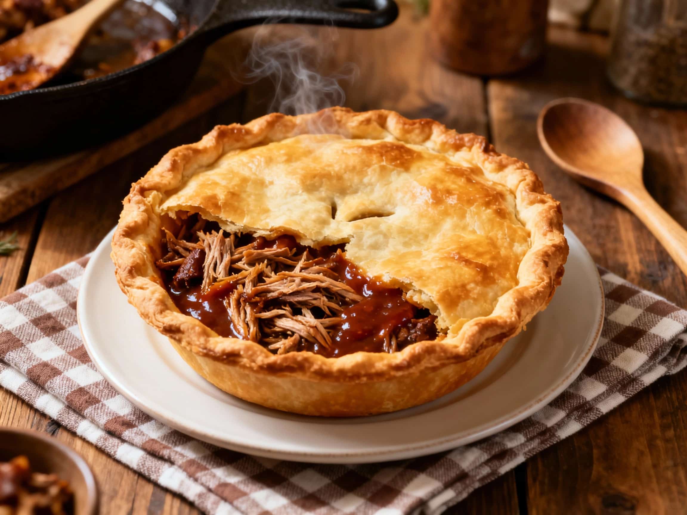 A rustic, homemade pot pie with a beautiful golden-brown, flaky crust sits on a distressed wooden table. The top crust is perfectly crimped and has a few slits, revealing the abundant, bubbling filling of smoky pulled pork, sweet corn, and melted cheddar cheese underneath. The overall impression is one of comforting warmth and rich, savory flavors, ideal for a hearty family meal.
