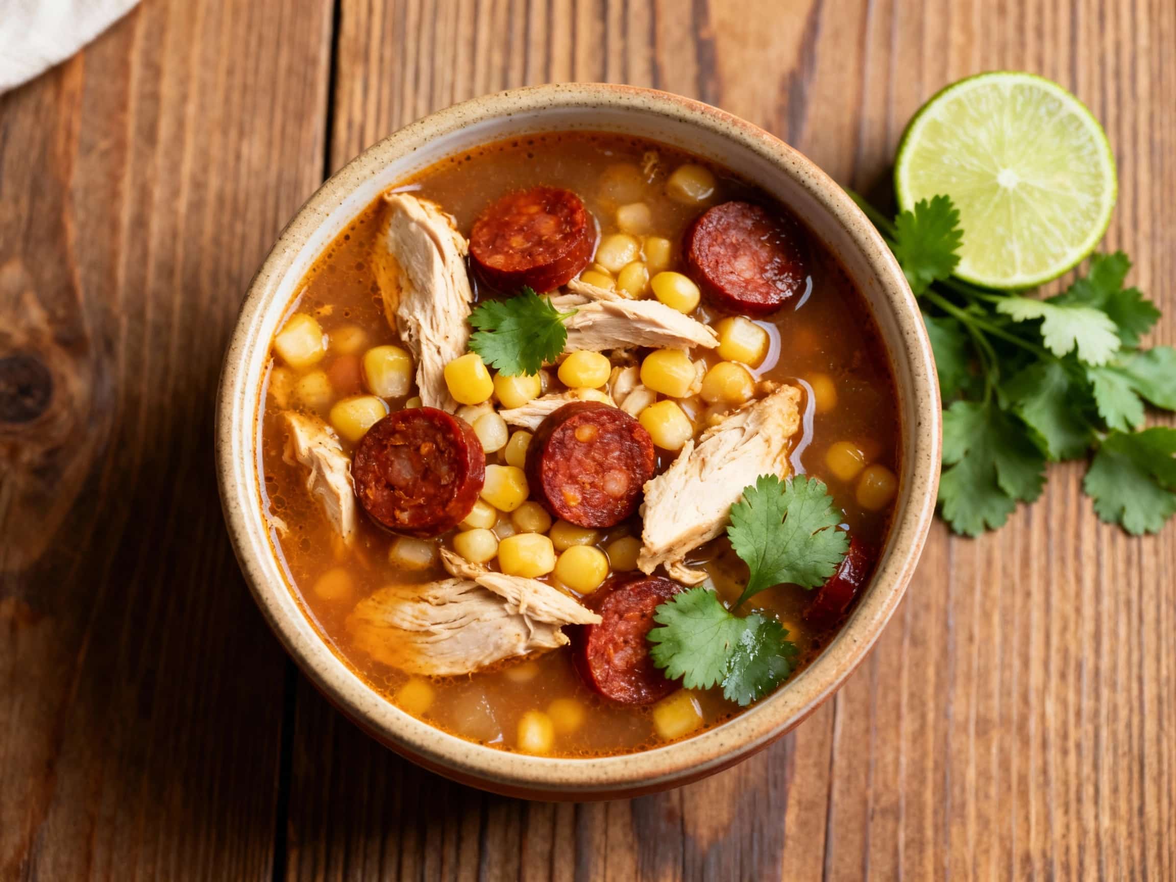 A vibrant red-orange bowl of Smoky Chicken and Chorizo Posole, a hearty Mexican meat and poultry soup. The stew is visibly rich with shredded chicken, crumbled chorizo, and plump hominy, showcasing a delightful mix of textures. It's artfully garnished with fresh cilantro, diced red onion, creamy avocado slices, and a bright green lime wedge on the side, creating an inviting presentation against a