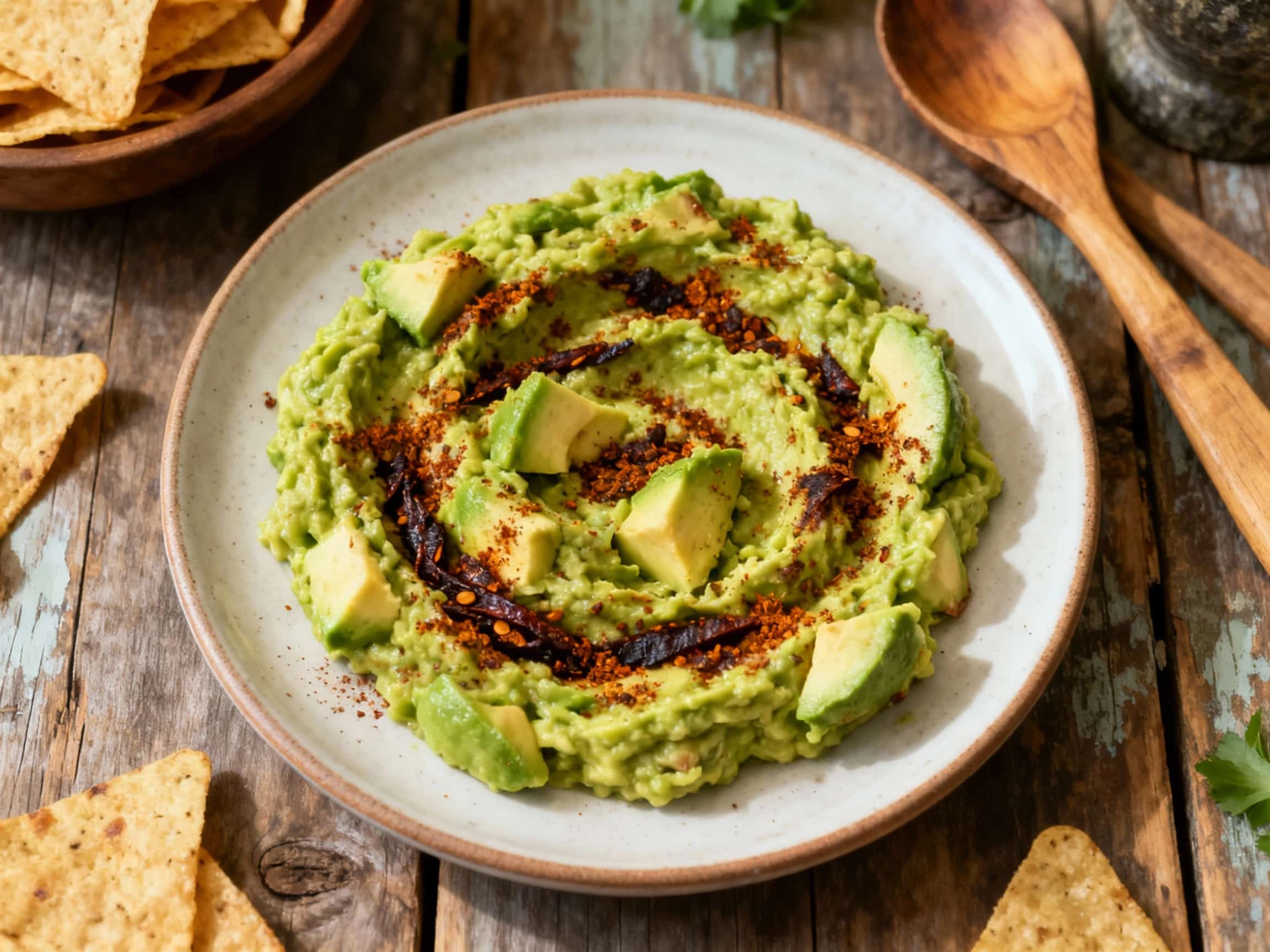 Creamy, vibrant green guacamole is piled high in a rustic ceramic bowl, showcasing chunks of avocado, flecks of red chili, and a scattering of fresh cilantro, all illuminated by warm, natural light.