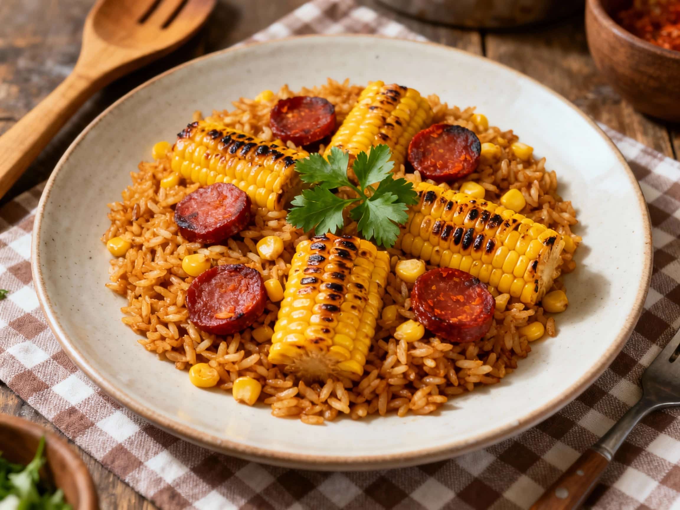 A close-up of a vibrant Smoky Corn and Chorizo Paella, served in a wide, rustic paella pan. The dish is a rich tapestry of golden rice, contrasting brightly with sweet yellow corn kernels, savory red chorizo pieces, and fresh green peas. It's generously garnished with chopped green parsley and crunchy slivered almonds, creating an appealing and wholesome presentation on a wooden surface.