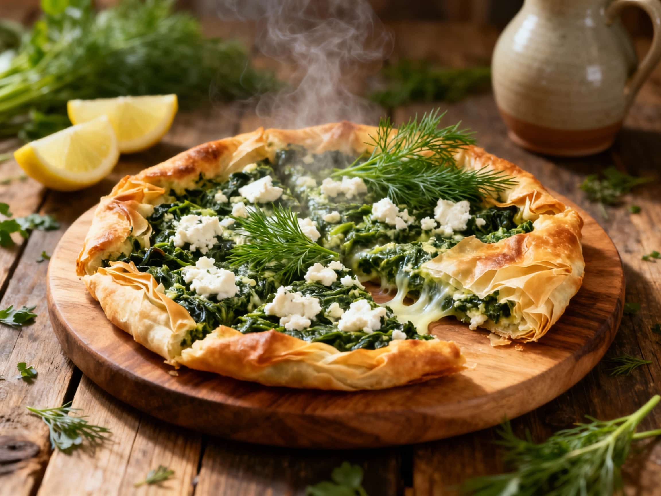 A golden-brown spanakopita-inspired Greek pizza is generously topped with crumbled feta, vibrant spinach, and seasoned ground lamb, resting invitingly on a rustic wooden board.