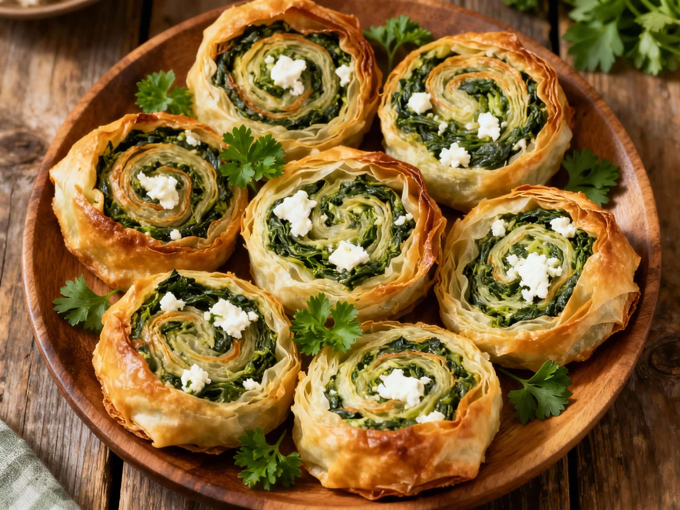 Golden-brown, flaky spanakopita pinwheels are baked in a neat row, lightly dusted with powdered sugar and sprinkled with fresh dill.