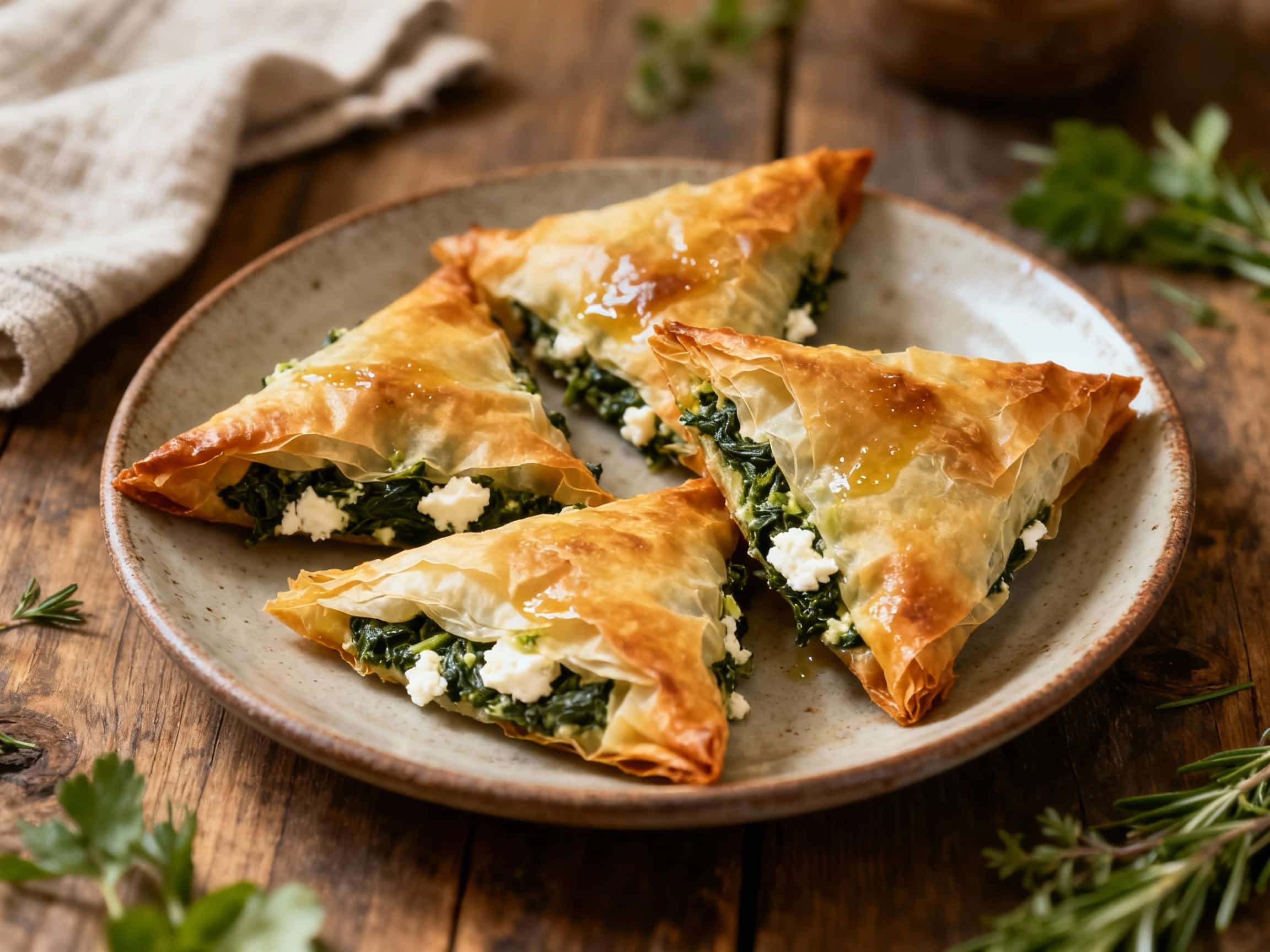 Golden brown, flaky spanakopita triangles are arranged in a circular pattern on a rustic wooden board, sprinkled with fresh dill and feta.