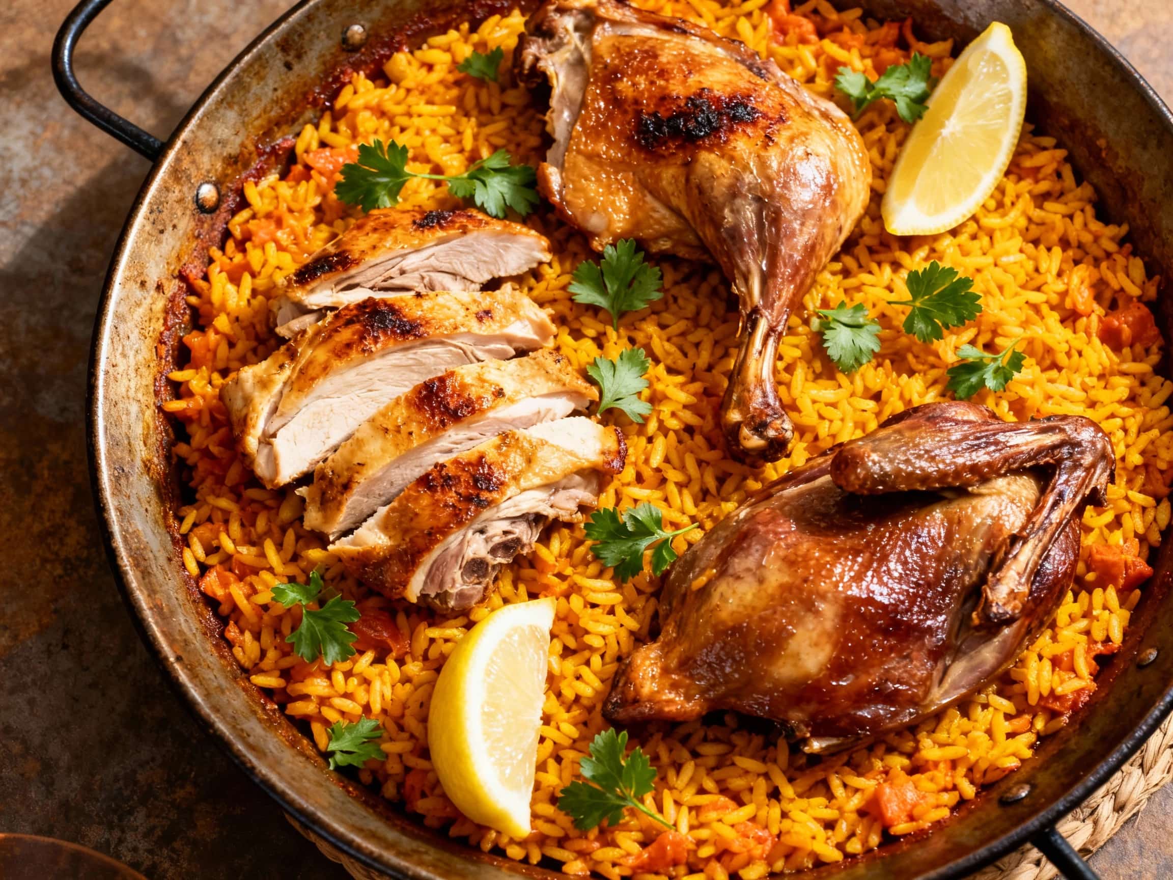 A colorful Spanish paella presented in a traditional wide, shallow pan on a rustic wooden table. The dish features saffron-infused rice studded with generous chunks of tender turkey and duck, smoky chorizo, bright red cherry tomatoes, and vibrant green peas. A sprinkle of fresh parsley garnishes the top, and a lemon wedge lies nearby, evoking a delicious and satisfying Mediterranean meal.