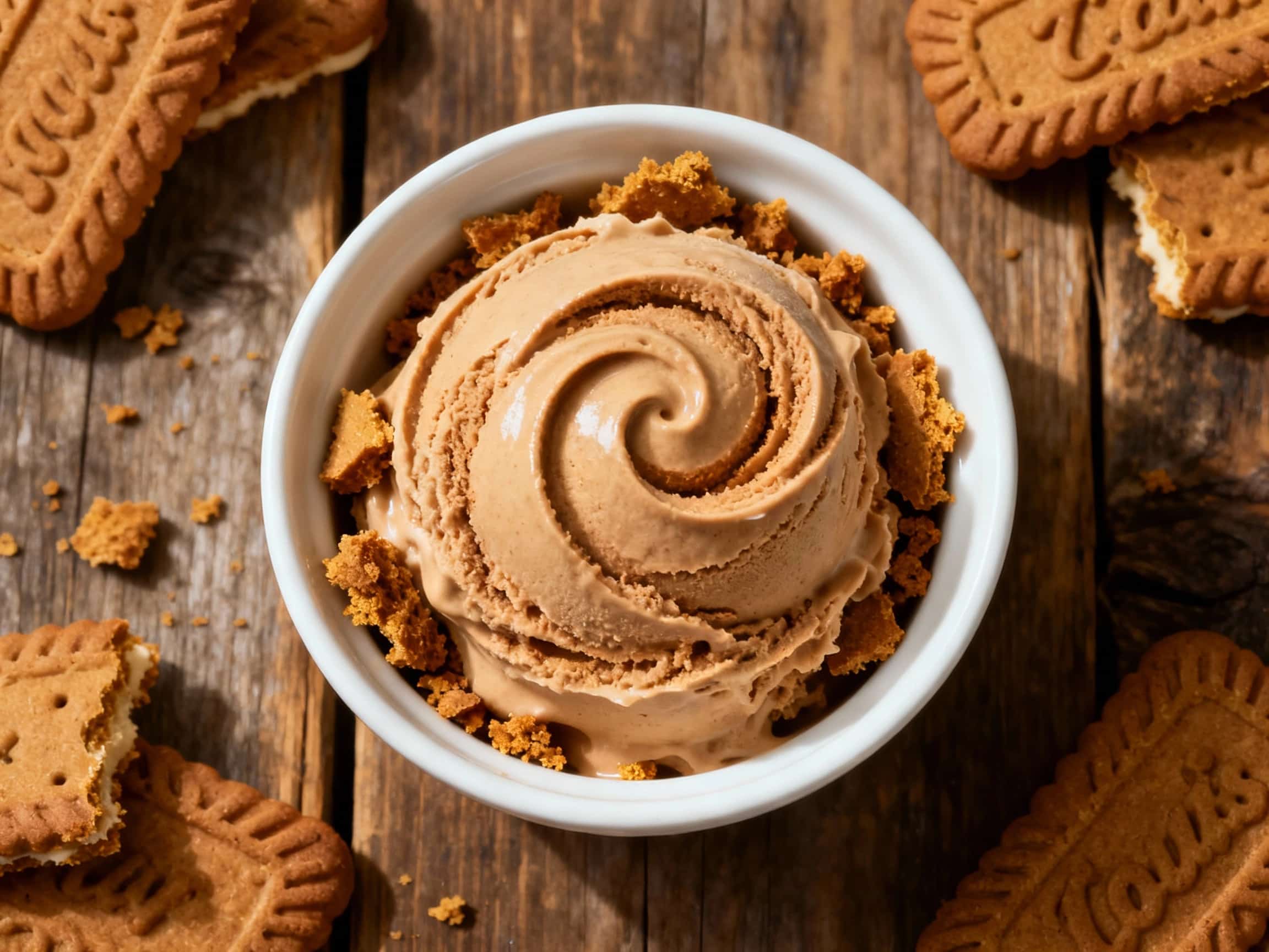 Creamy, pale beige ice cream is generously swirled with dark, spiced cookie butter, creating a beautiful contrast in a white ceramic bowl, ready to be enjoyed.