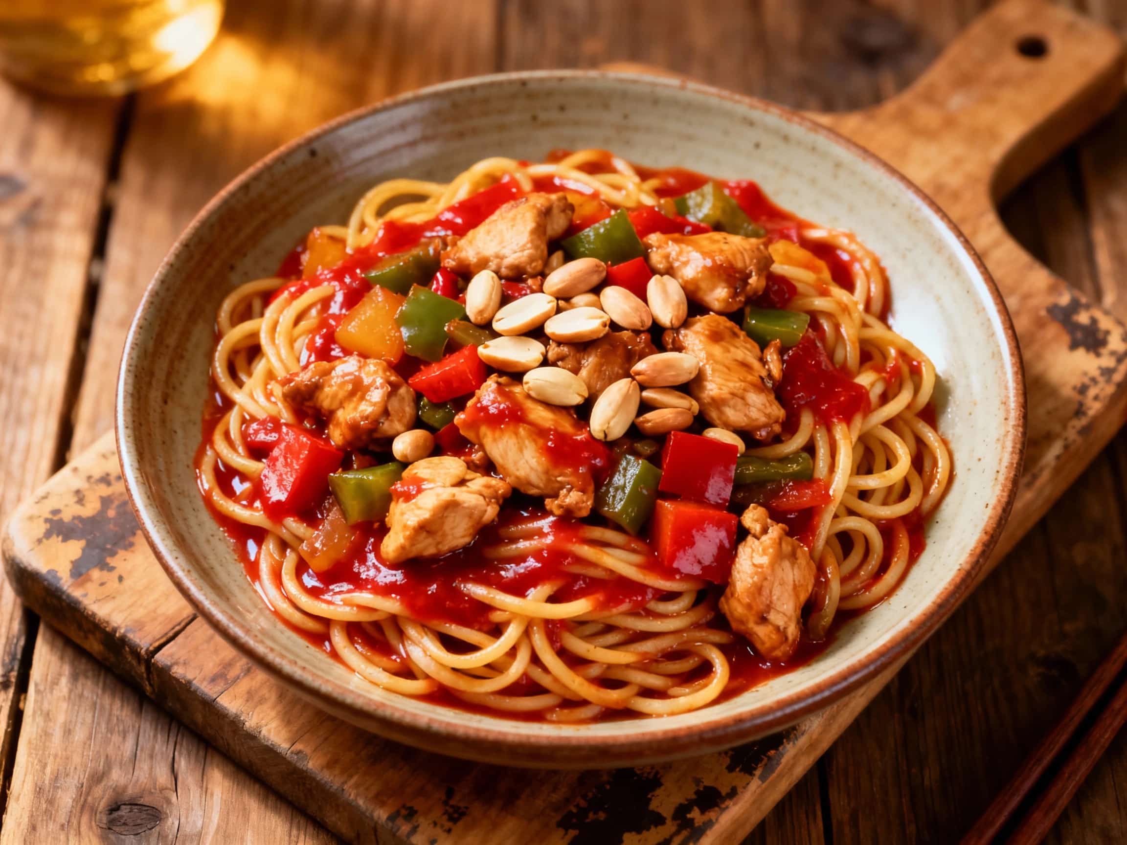 A vibrant bowl of Kung Pao chicken noodles glistening with sauce, topped with fresh green onions and red chili flakes, ready for a quick and flavorful meal.