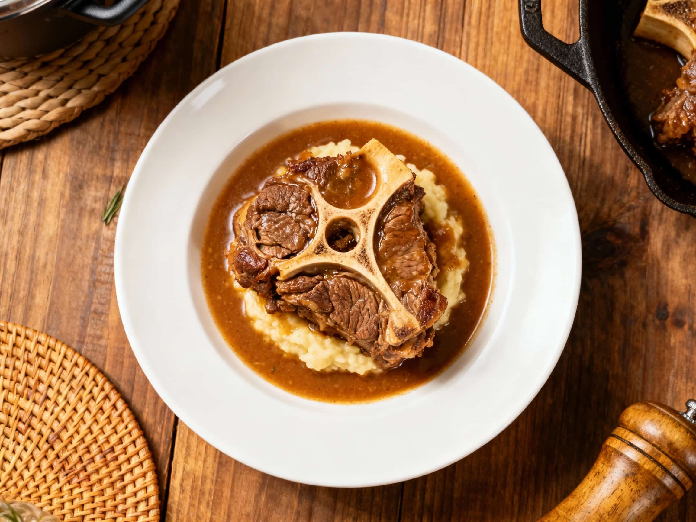 Tender, meltingly soft veal shanks braised in a rich, aromatic sauce are plated beautifully, garnished with fresh gremolata and served in a cozy, well-lit kitchen setting.