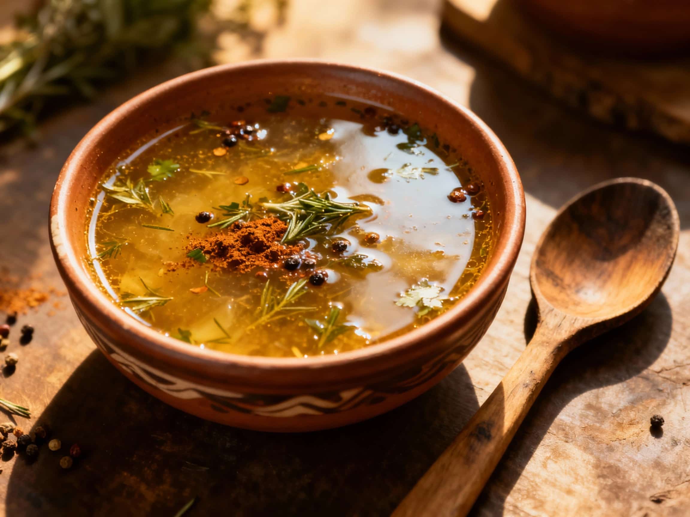 A steaming mug of dark, amber-colored uzvar, a traditional Ukrainian fruit compote, is garnished with a sprig of fresh mint and star anise for a warming, aromatic visual.