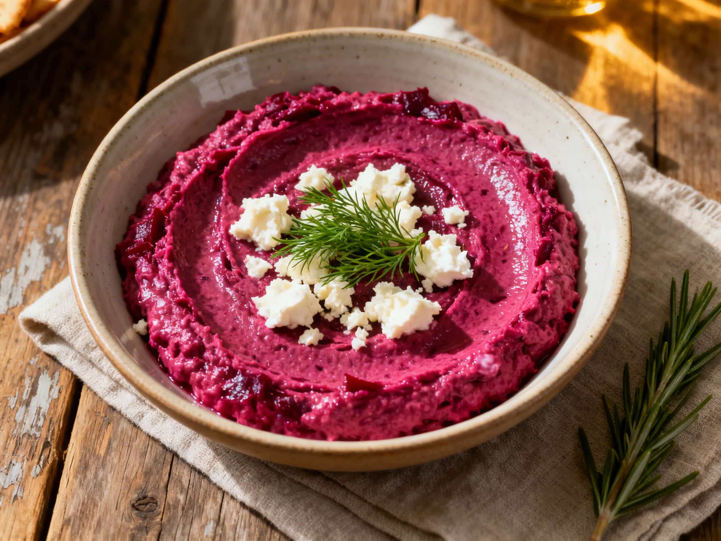 A vibrant magenta beet and goat cheese dip in a rustic ceramic bowl, garnished with fresh dill and toasted cumin seeds. It's elegantly presented on a light wooden board, accompanied by crispy pita chips and colorful raw vegetable crudités, including cucumber, carrot, and bell pepper, ready for a healthy and flavorful dipping experience.