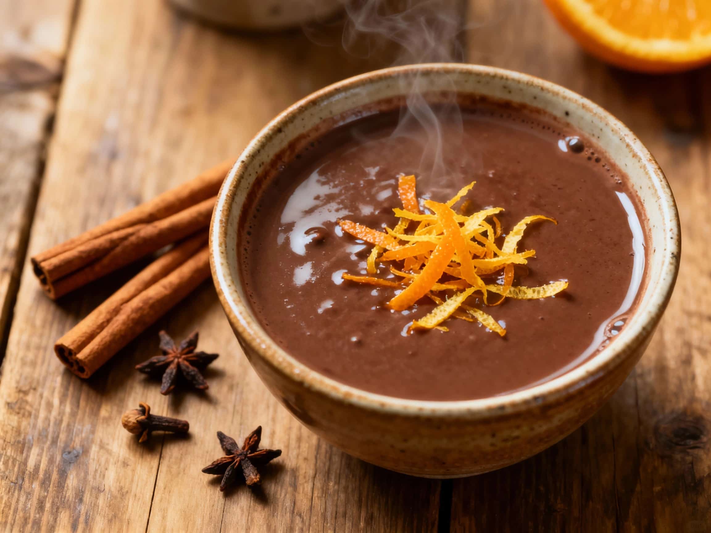 A steaming mug of rich, dark hot chocolate is topped with fluffy whipped cream and a bright orange peel, creating a cozy and decadent dessert.
