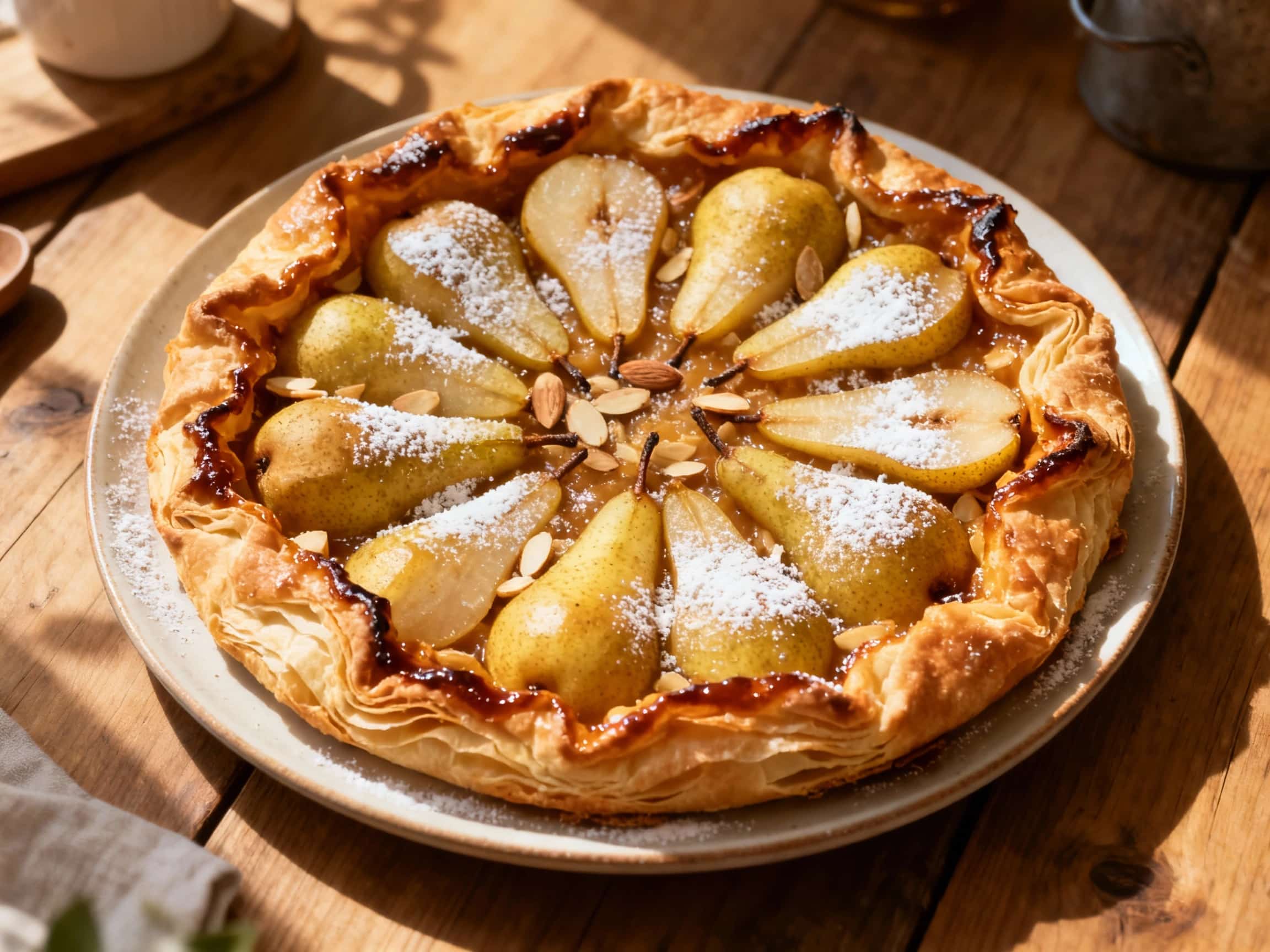 A beautifully baked Spiced Pear and Almond Galette rests on a wooden board, its edges folded inward to create a rustic, free-form crust. The golden-brown pastry sparkles with coarse sugar, encasing tender, spiced pear slices and toasted slivered almonds. The entire dessert has a warm, inviting glow, suggesting comfort and homemade deliciousness, ready to be enjoyed as a sweet snack.