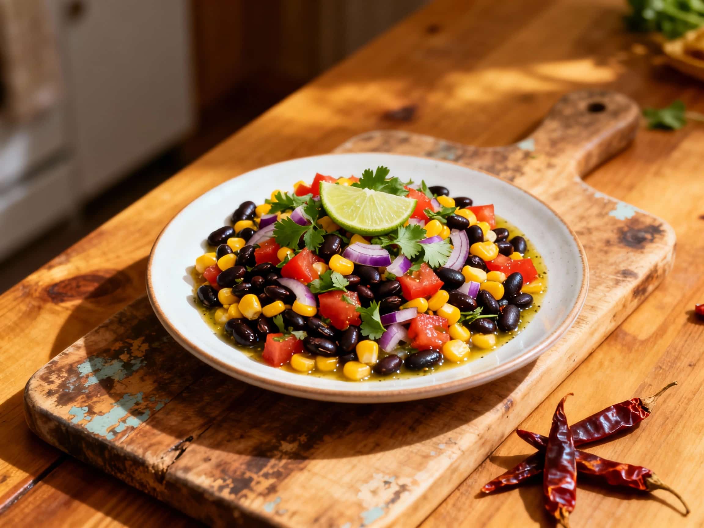 A colorful, Mexican-inspired spicy black bean and corn salad is presented in a rustic terracotta bowl on a wooden surface. The salad is a lively mix of dark black beans, golden corn, diced red bell pepper, red onion, and fresh green cilantro, all glistening with a zesty dressing. A whole lime and cut lime wedges are arranged on the side, adding to the fresh and vibrant appeal of the dish, ready to