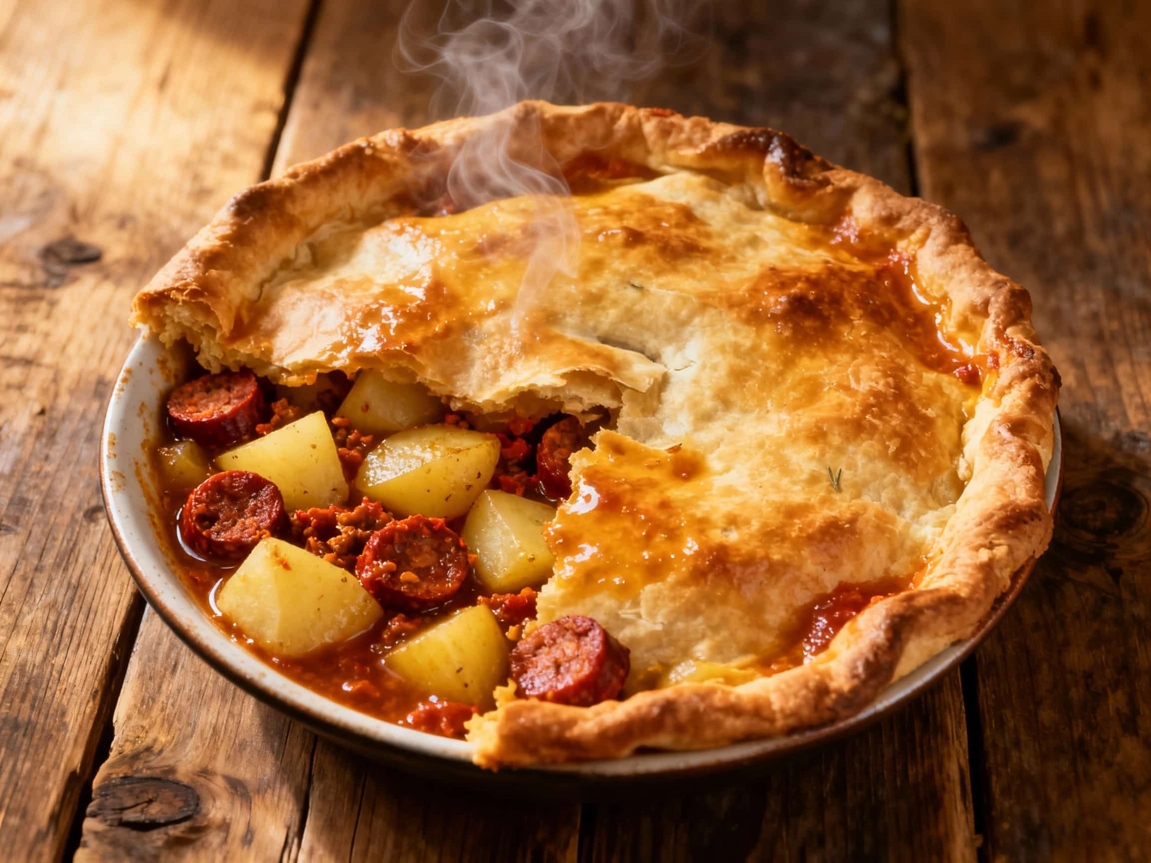 A close-up, top-down view of a golden-brown, rustic pot pie, freshly baked with a beautifully flaky crust. A slice has been removed, showing the vibrant interior filled with spicy red chorizo, tender white potatoes, and bright green peas in a rich, creamy sauce. Steam rises gently from the warm filling, suggesting its comforting warmth. The pot pie rests on a wooden surface, ready to be served, ev