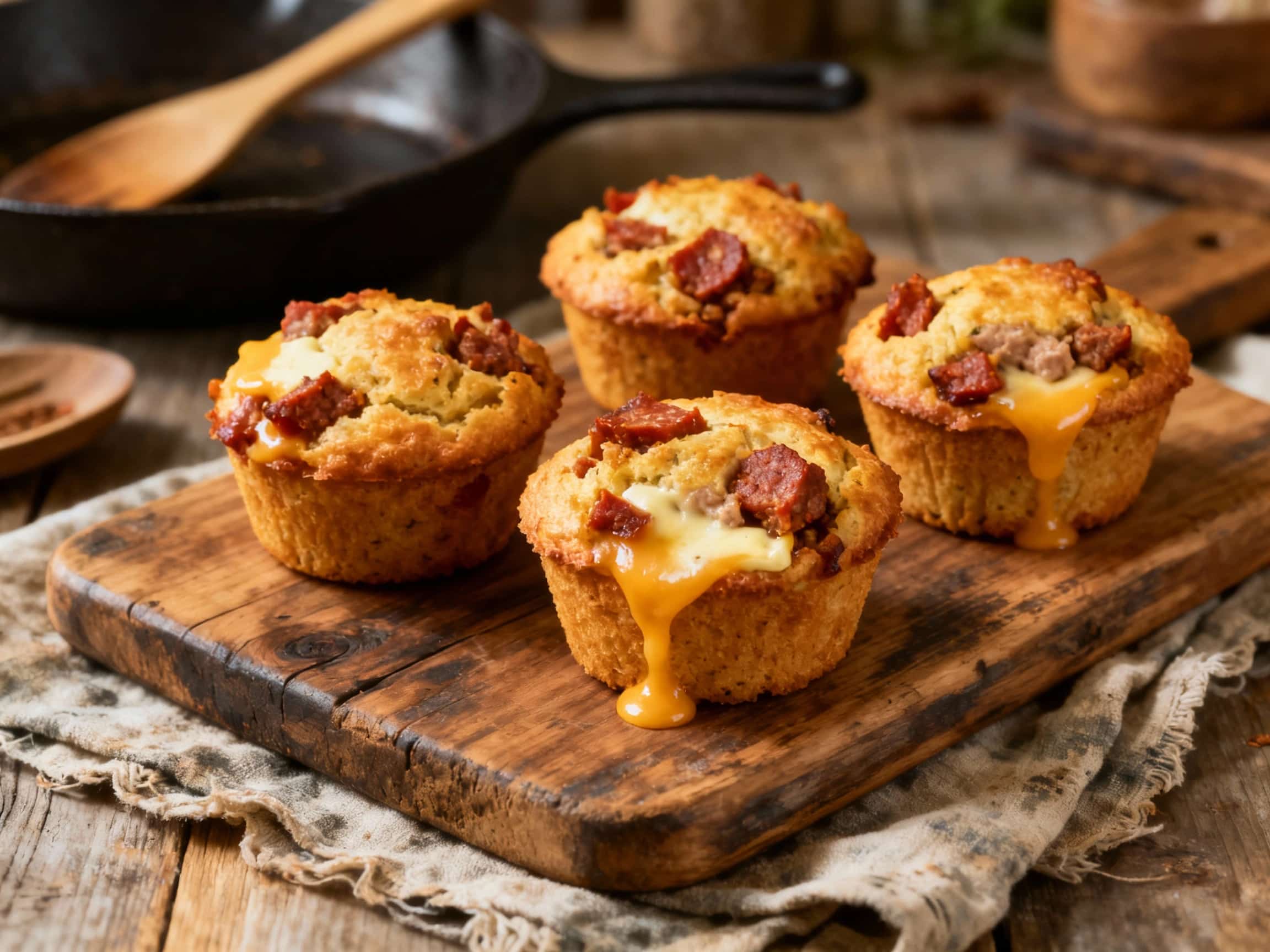 Golden-brown, savory chorizo and German meatloaf muffins are baked in a rustic muffin tin, ready to be enjoyed as a flavorful snack or light meal.