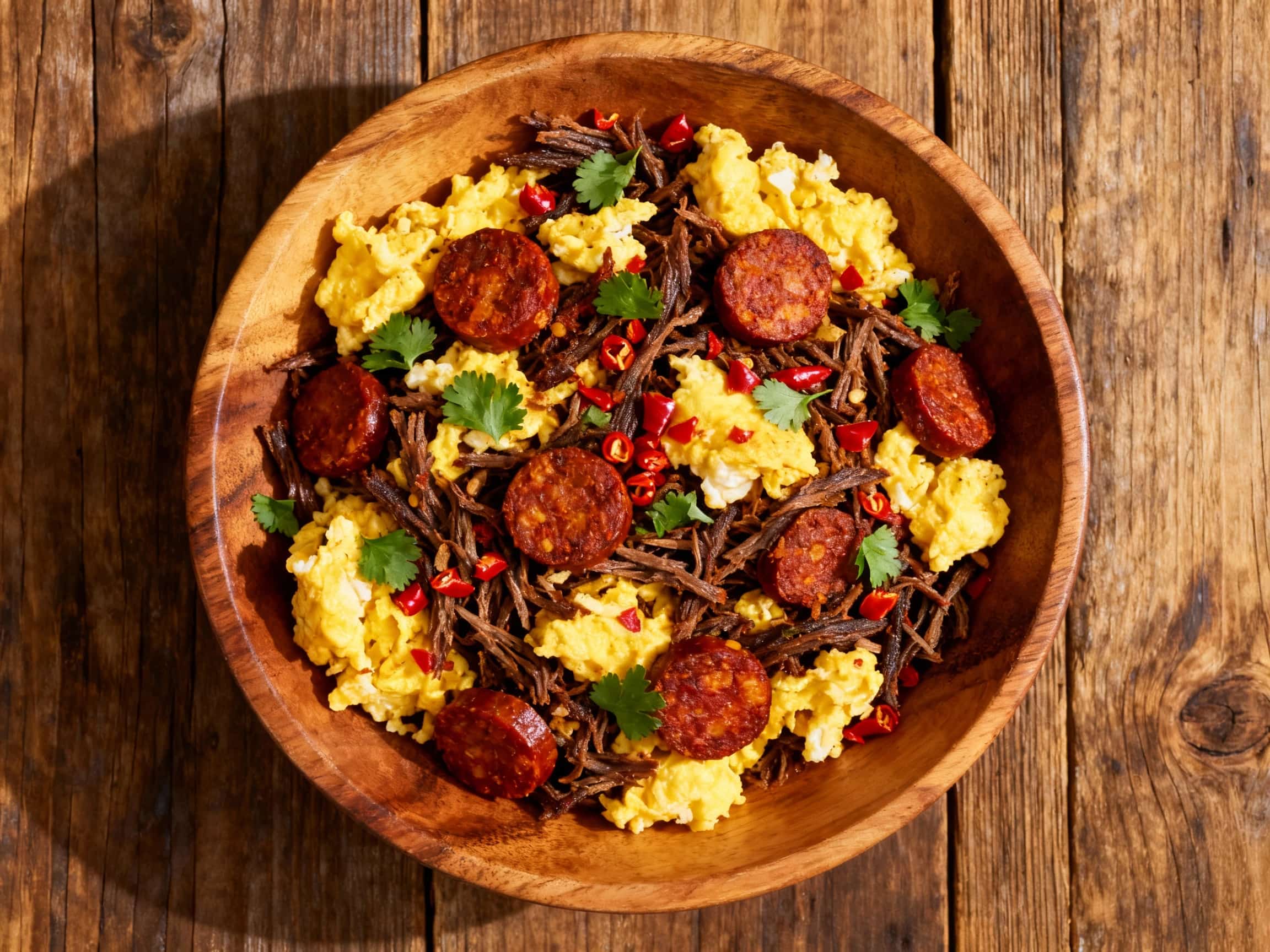 A rustic cast iron skillet holds a vibrant scramble of spicy, shredded chorizo and tender eggs, garnished with fresh cilantro and a bright red chili.