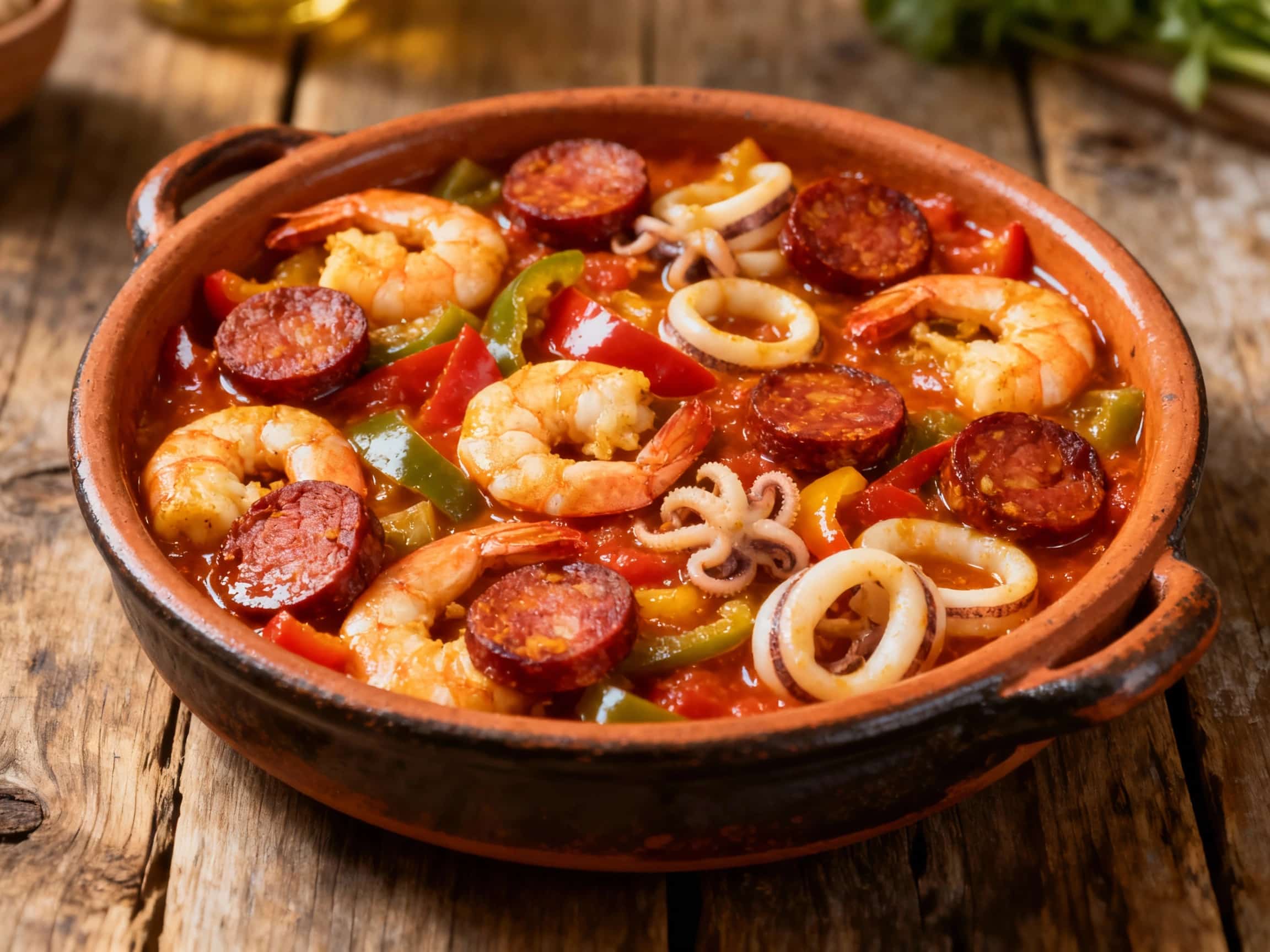 A vibrant, bubbling Portuguese seafood cataplana brimming with chorizo, mussels, clams, and shrimp, served steaming hot in its copper pot with a sprig of cilantro for garnish.