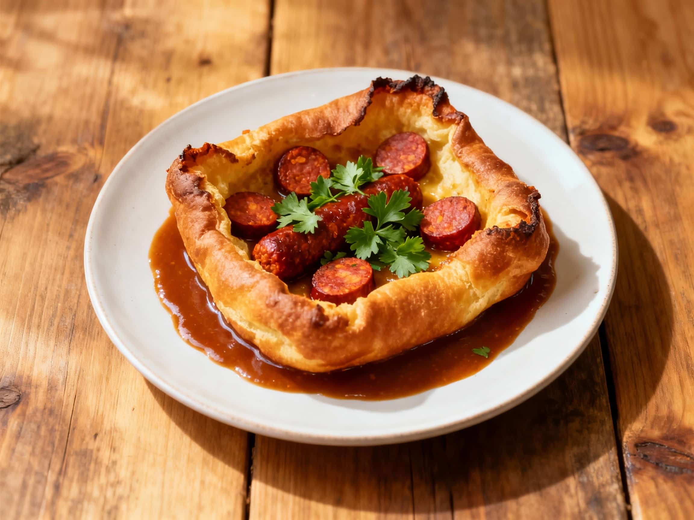 A savory toad in the hole features plump, golden Yorkshire puddings filled with spicy chorizo sausage, baked to perfection and glistening under warm light.
